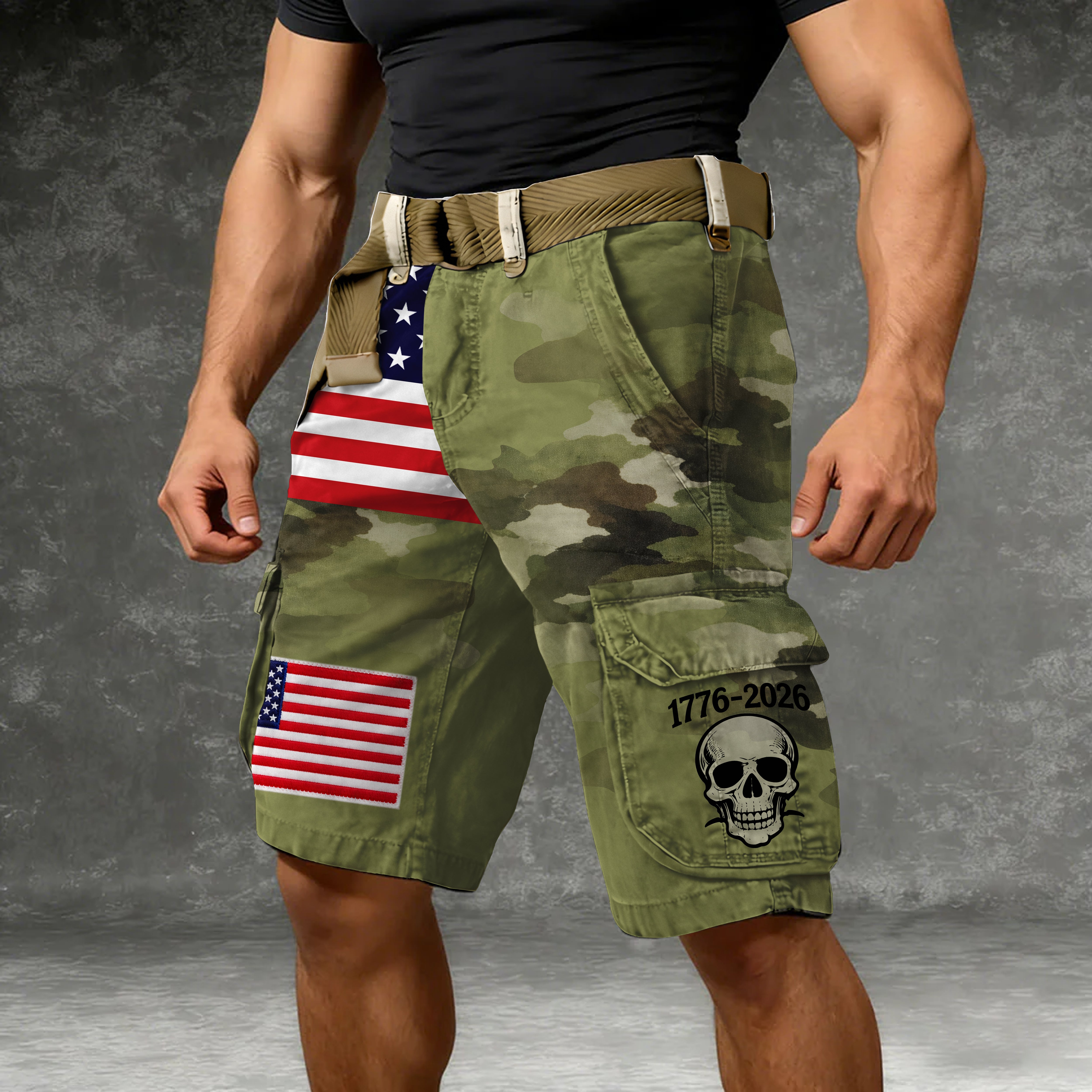 USA Flag Pattern Men's Camo Cargo Shorts, Golf Shorts For Men, 250th Anniversary Short Pants