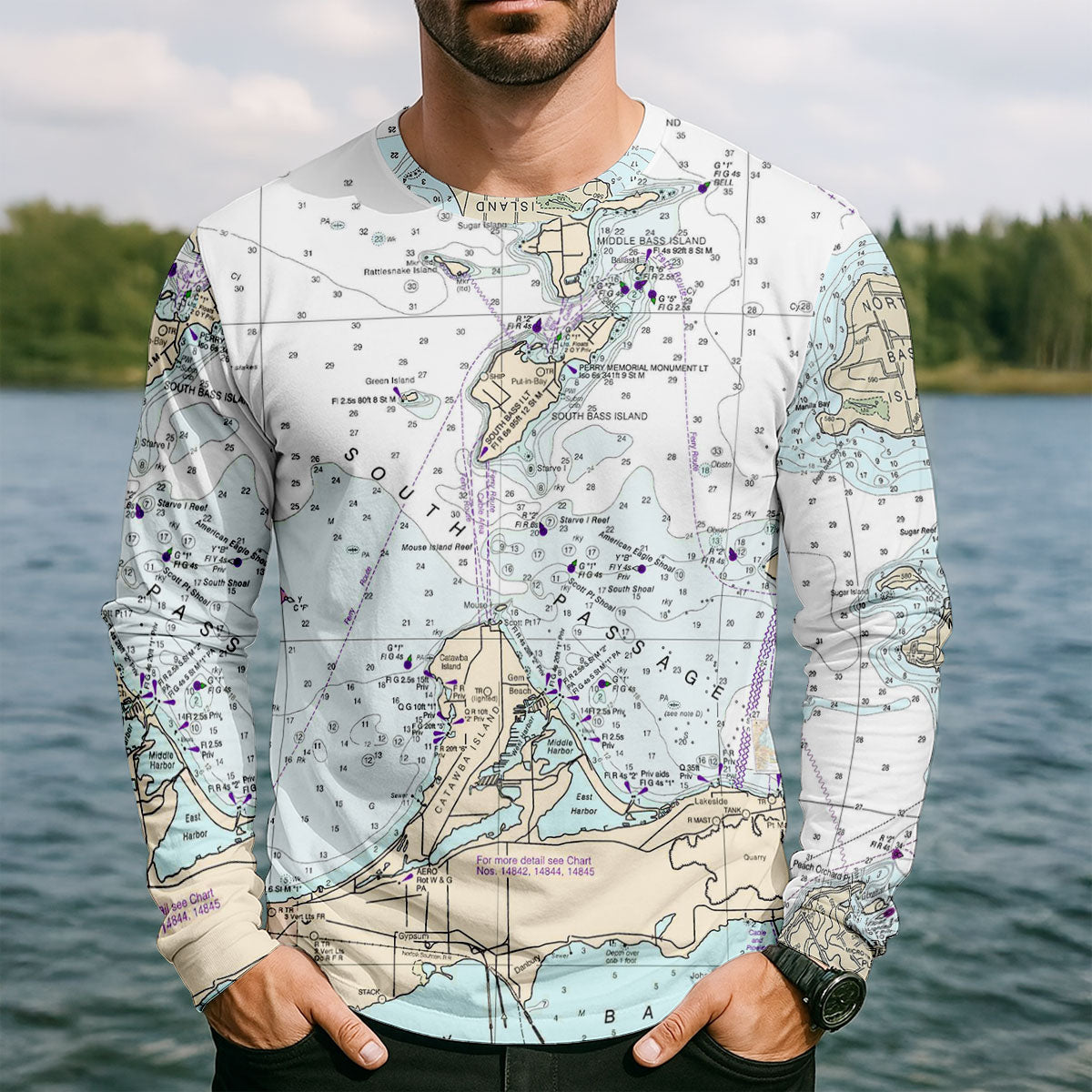 Lake Erie Bass Islands Fishing Map UPF Shirt, Long Sleeve Fishing Shirt, Mens Fishing Tee