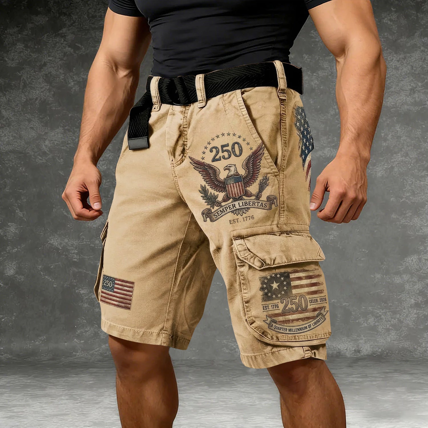 Bald Eagle USA Flag Pattern Khaki Cargo Shorts, Golf Shorts For Men, 250th Anniversary Short Pants