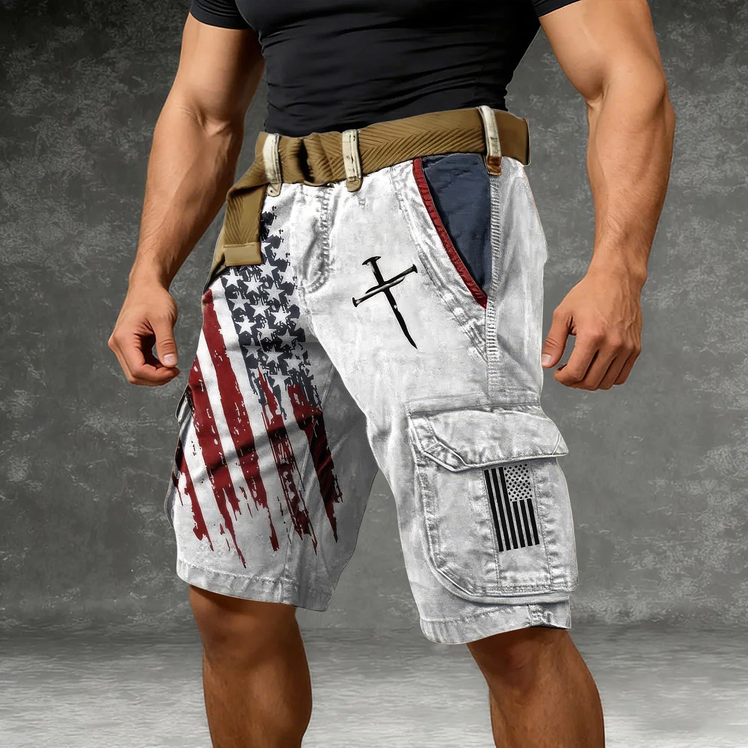 USA Flag Pattern Faith Cross White Cargo Shorts, Golf Shorts For Men, 250th Anniversary Short Pants