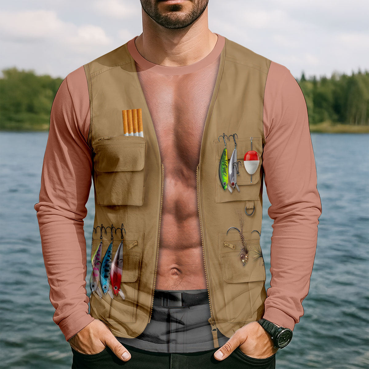 Faux Fishing Vest And Bare Chest UPF Shirt, Long Sleeve Fishing Shirt, Mens Shirt
