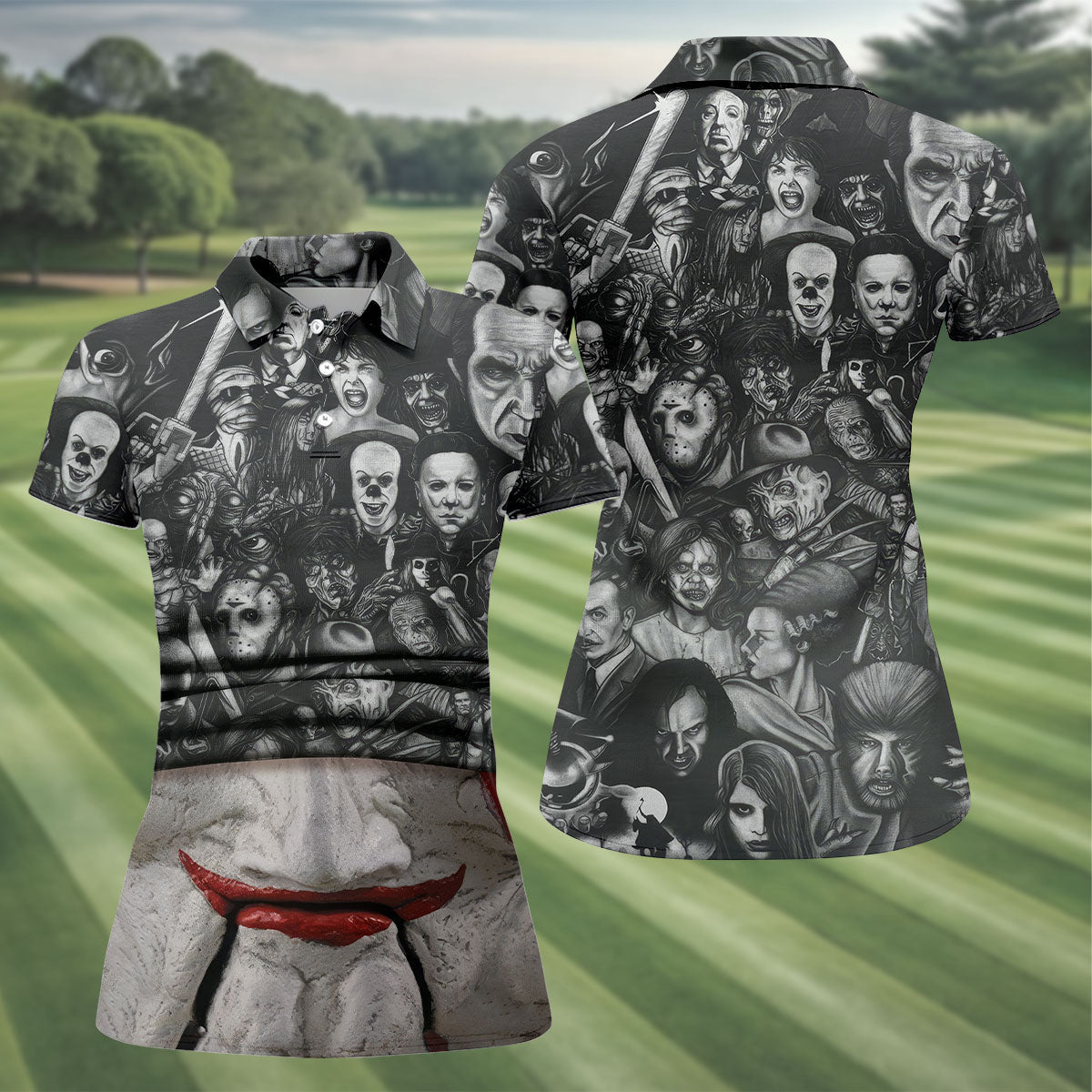 Funny Custom Face Horror Character Halloween Polo Shirt, Women's Golf Tops, Printed Golf Shirt