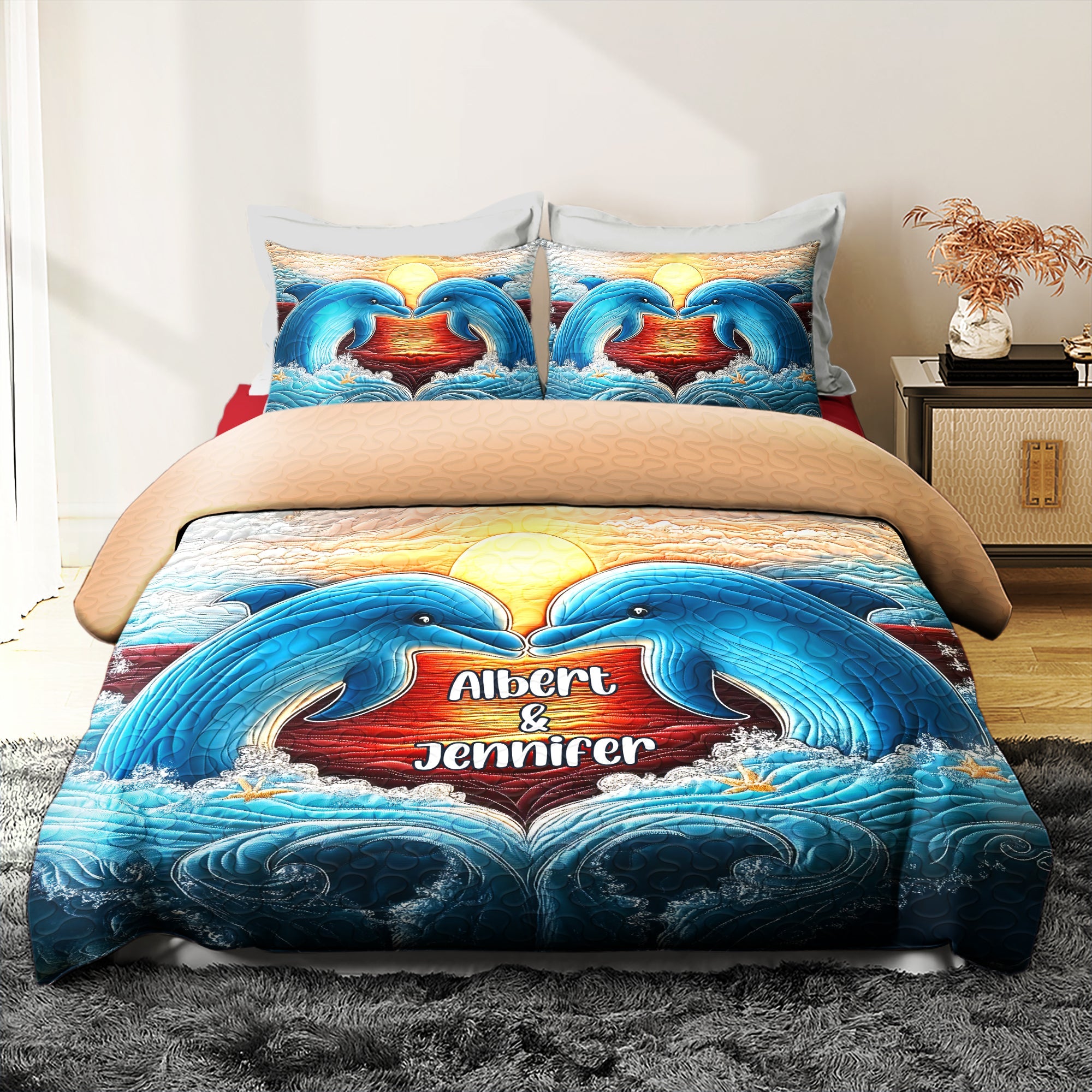 Personalized Dolphin Couple Quilt Bed Sets, Couple Bedding Set, Couple Valentine Gift