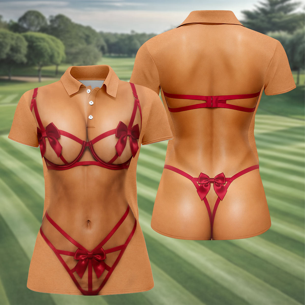 Funny Red Ribbon Lingerie Costume Christmas Golf Shirt, Ladies Golf Shirts, Women’s Golf Apparel