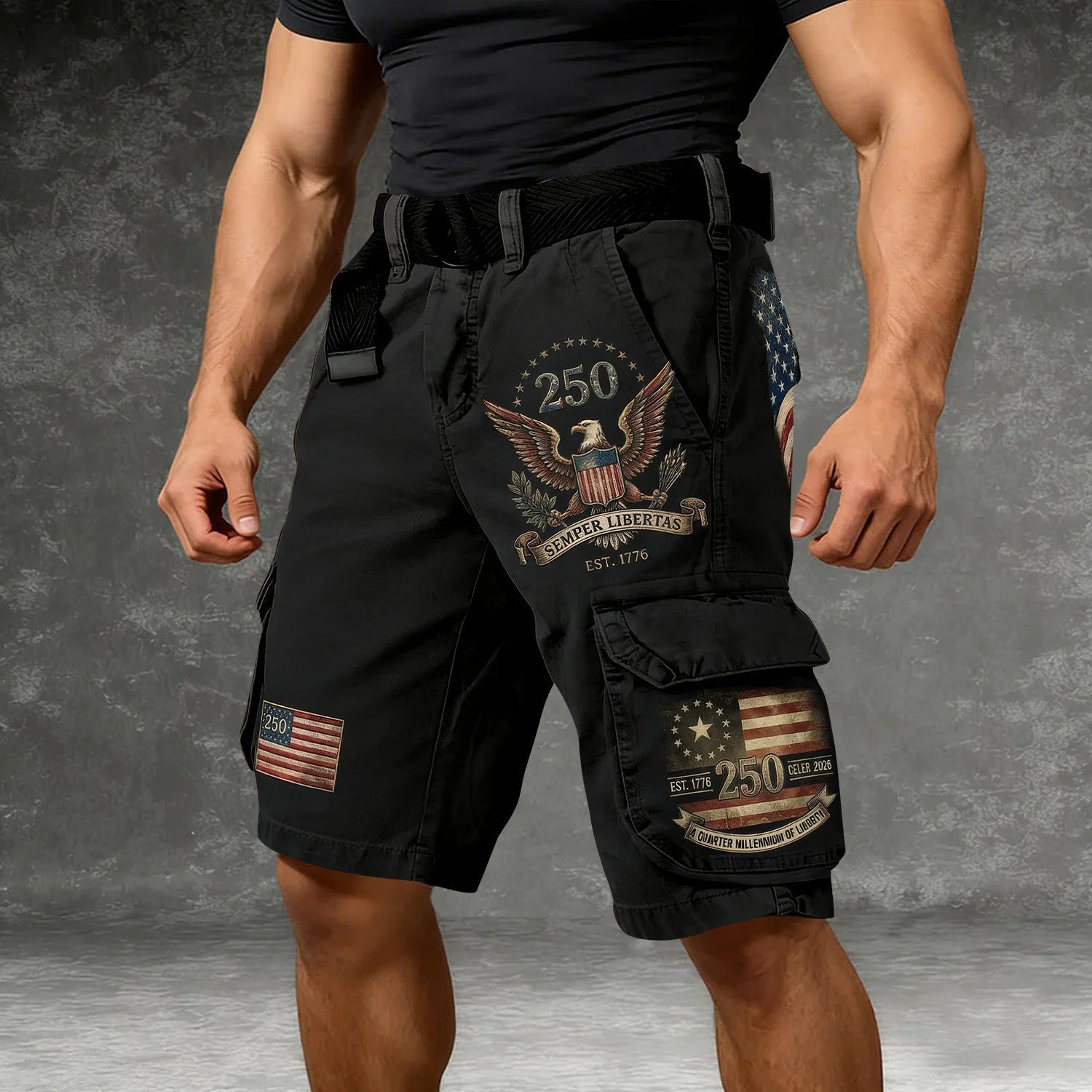 Bald Eagle USA Flag Pattern Black Cargo Shorts, Golf Shorts For Men, 250th Anniversary Short Pants