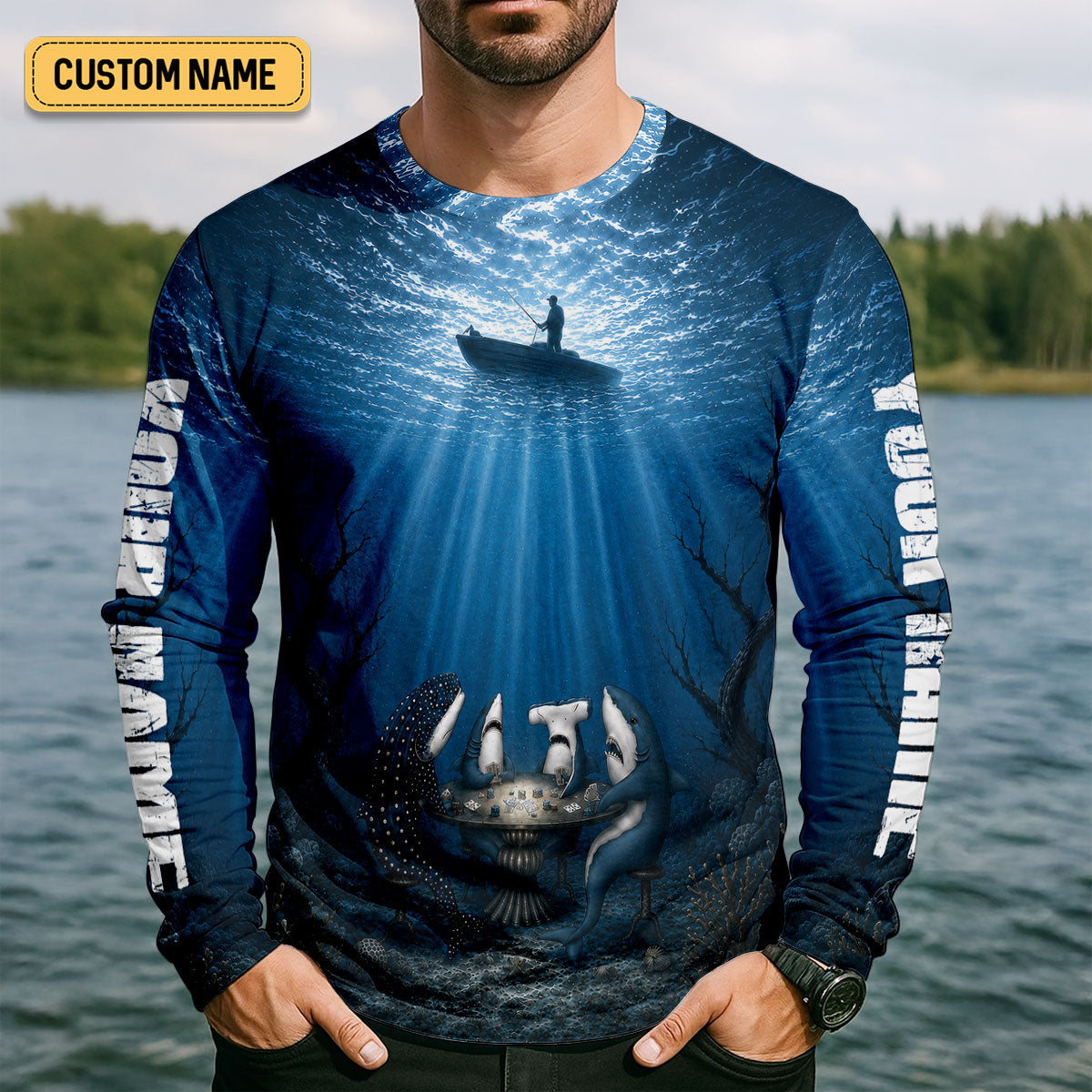Underwater Shark Poker Fishing UPF Shirt, Long Sleeve Fishing Shirt, Fishing Shirts For Men