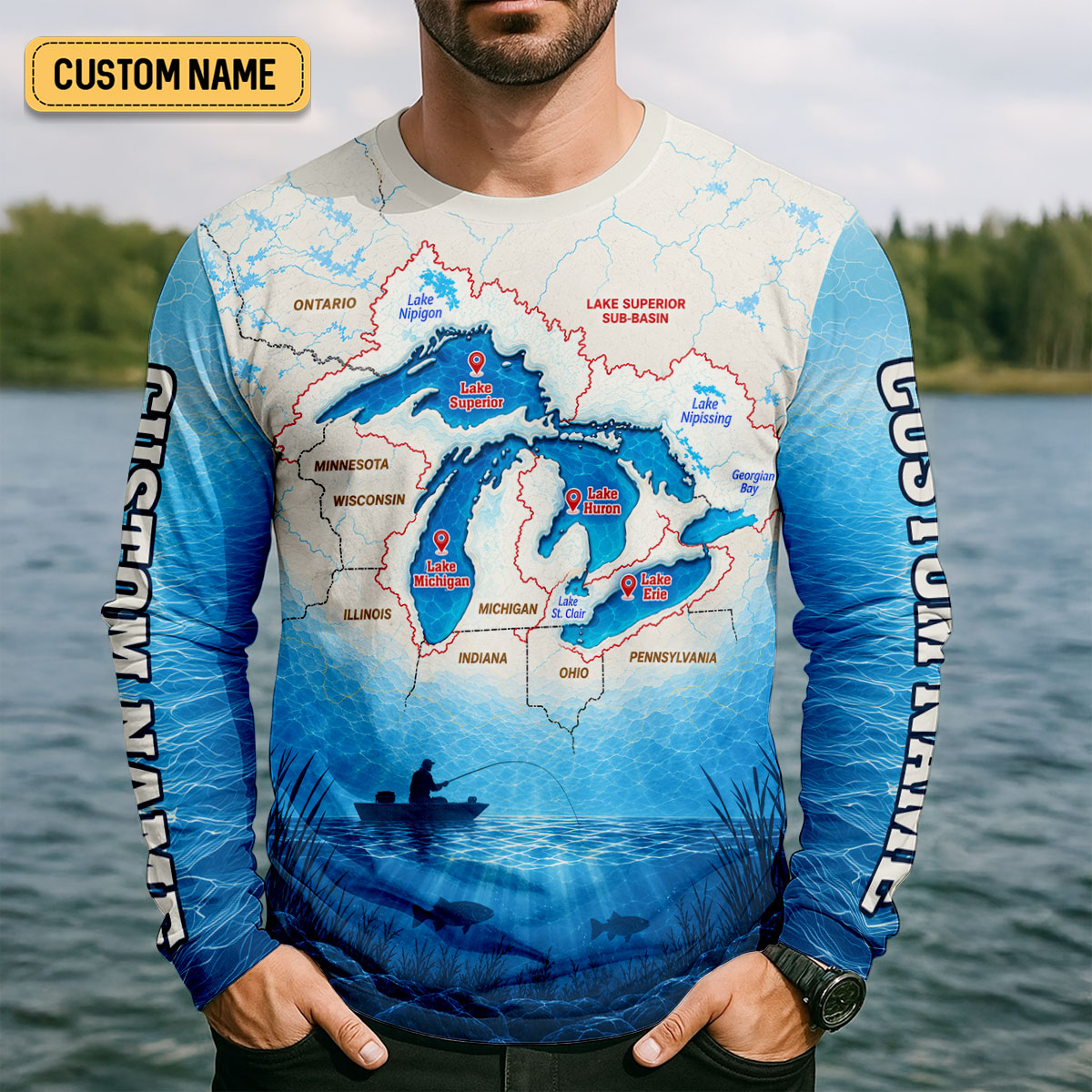 Personalized Great Lakes Fishing Map UPF Shirt, Mens Fishing Shirt, Fishing Apparel Shirt