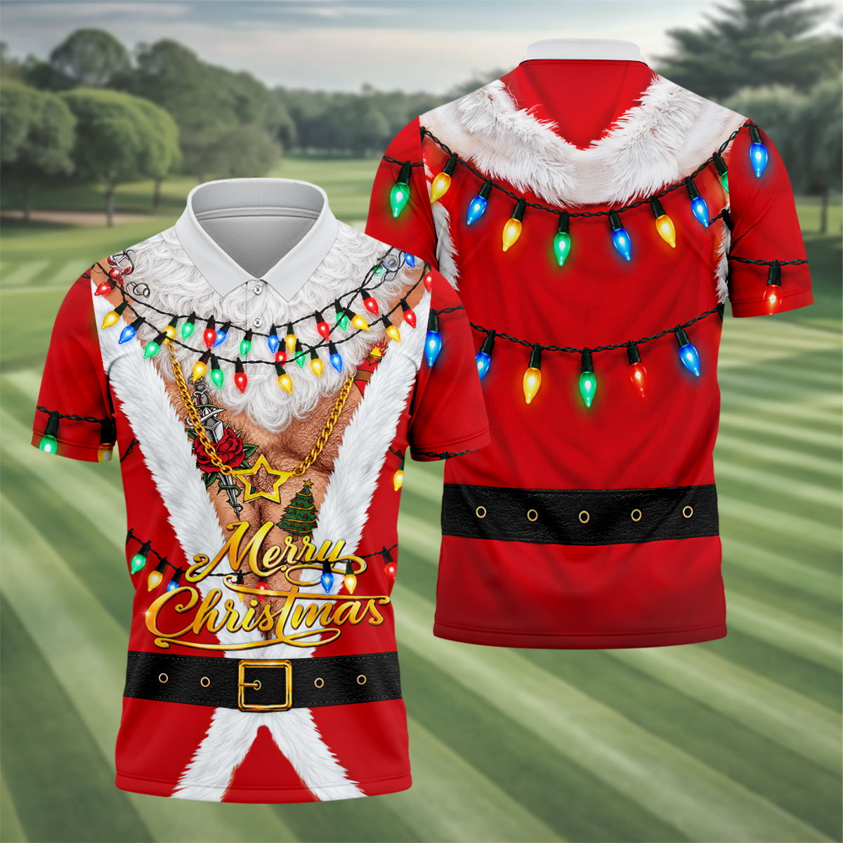 Merry Santa Lights Gold Chain Christmas Golf Shirt, Mens Golf Polo, Golf Shirts For Men