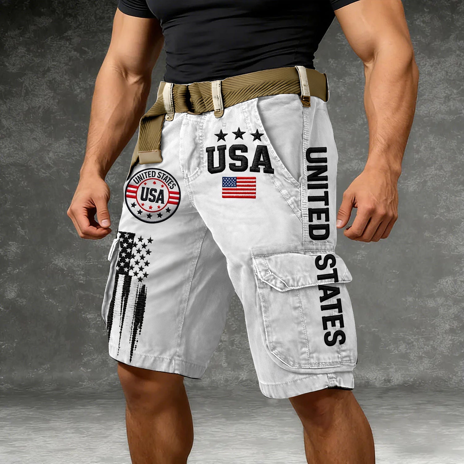 USA Flag Pattern White Cargo Shorts For Men, Golf Shorts For Men, 250th Anniversary Short Pants