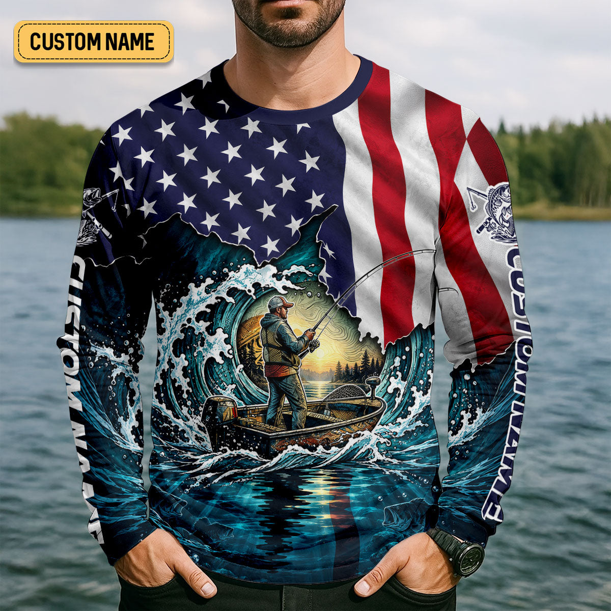 American Flag Boat Angler Custom UPF Shirt, Performance Fishing Shirt, Mens Fishing Tee