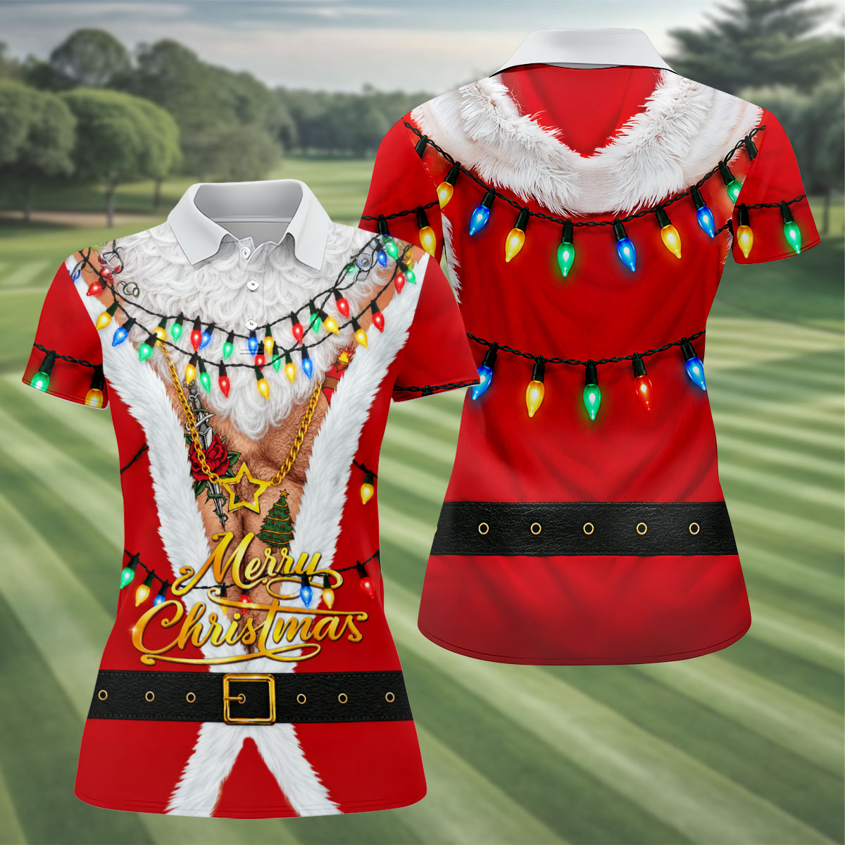 Merry Santa Lights Gold Chain Christmas Golf Shirt, Women’s Golf Polo, Golf Tops For Women