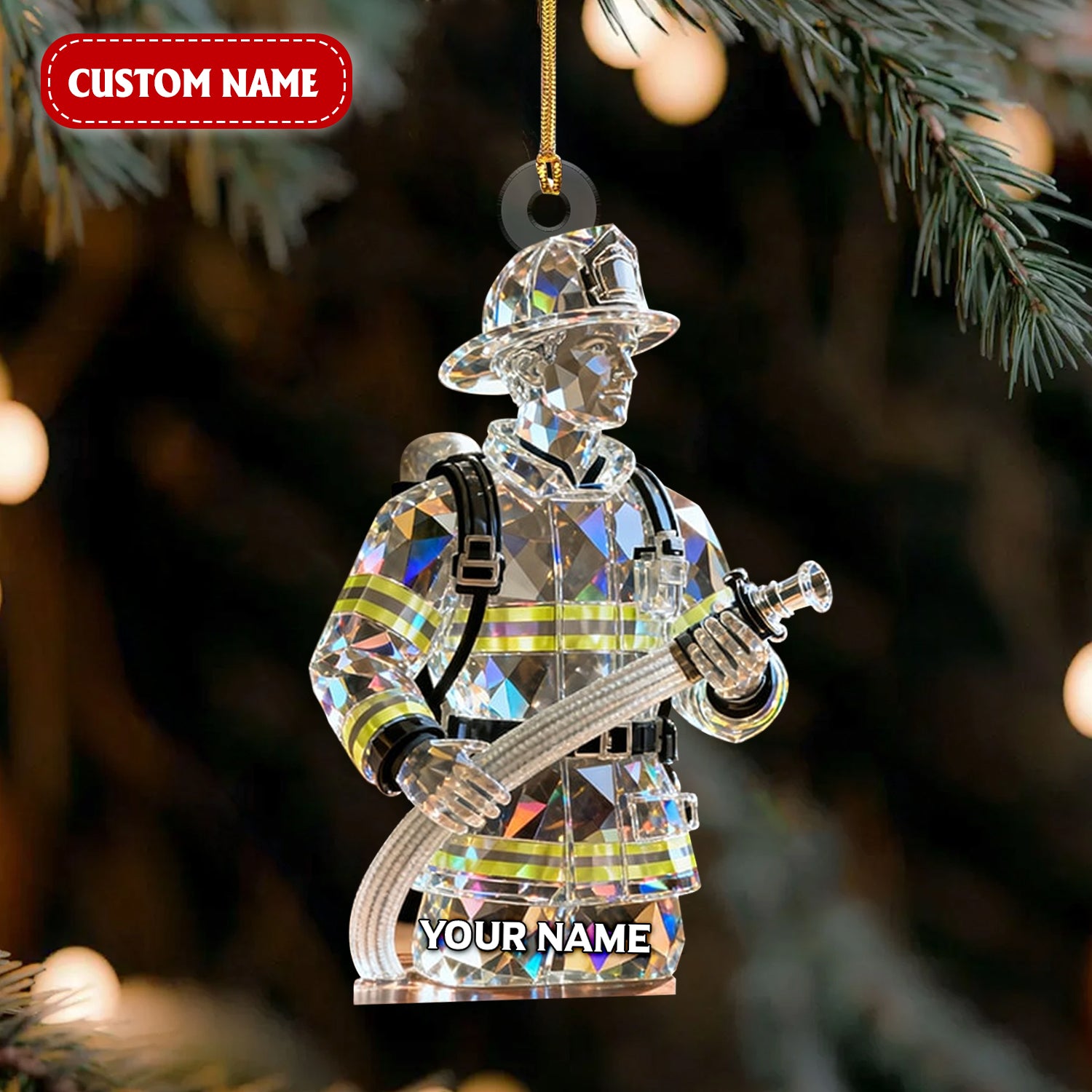 Custom Firefighter Crystal Light Effect Acrylic Ornaments, Career Ornaments, Acrylic Christmas Ornaments