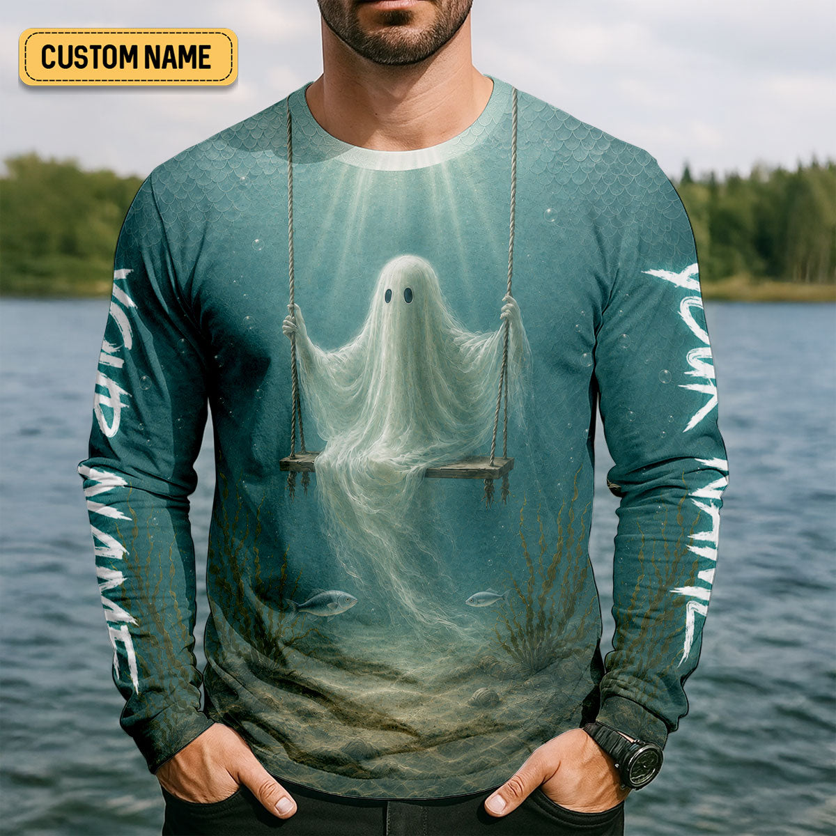 Your Name Underwater Ghost Halloween Fishing UPF Shirt, Mens Fishing Shirt, Fishing Apparel