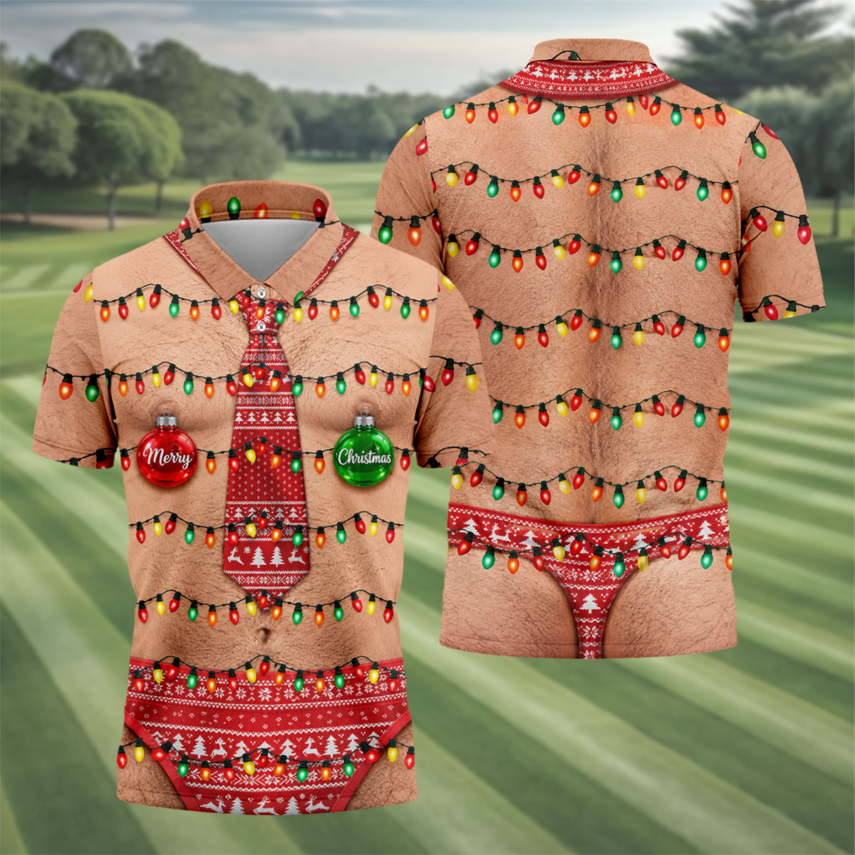 Funny Merry Lights Tie Christmas Golf Shirt, Printed Golf Shirts, Golf Shirts For Men