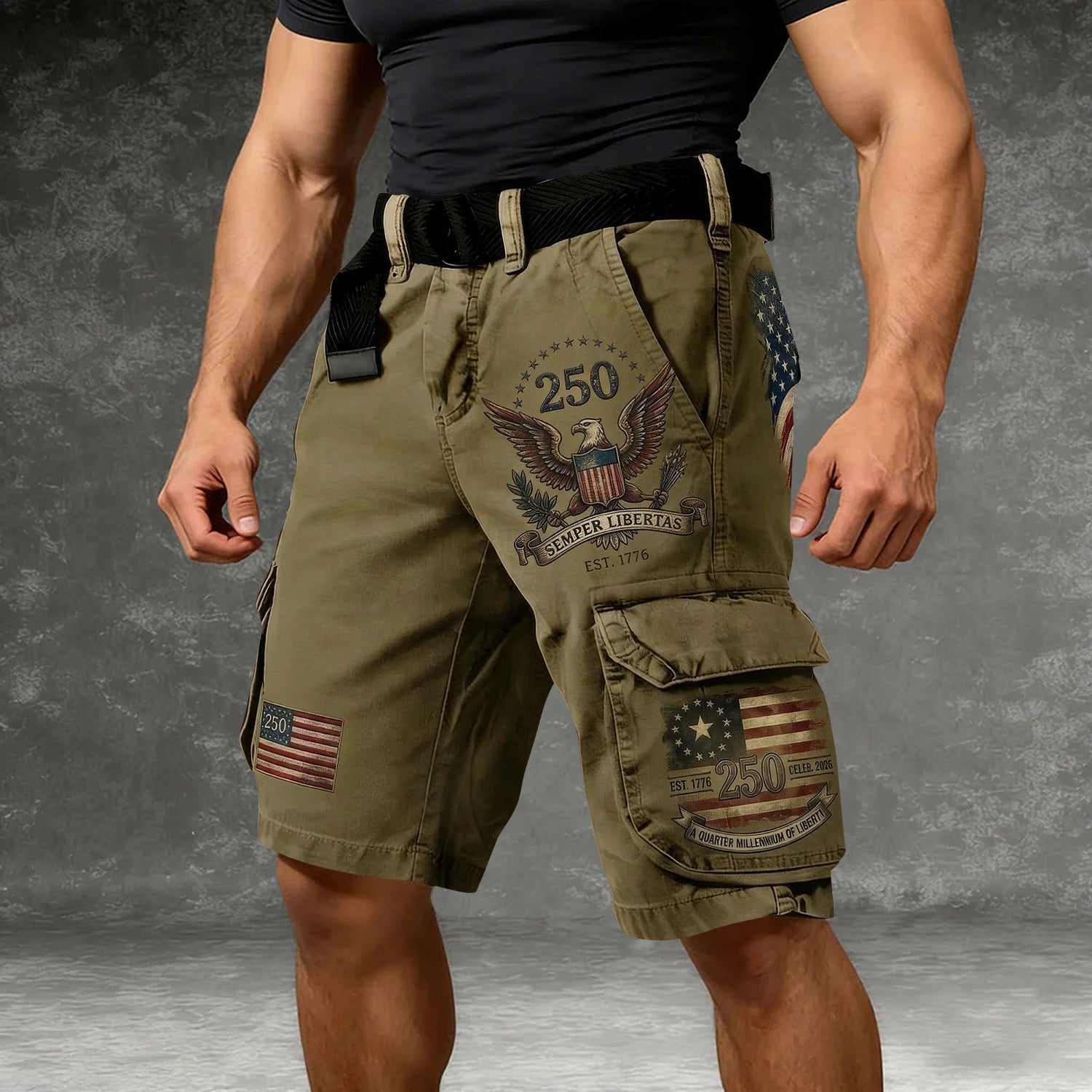 Bald Eagle USA Flag Pattern Army Green Cargo Shorts, Golf Shorts For Men, 250th Anniversary Short Pants