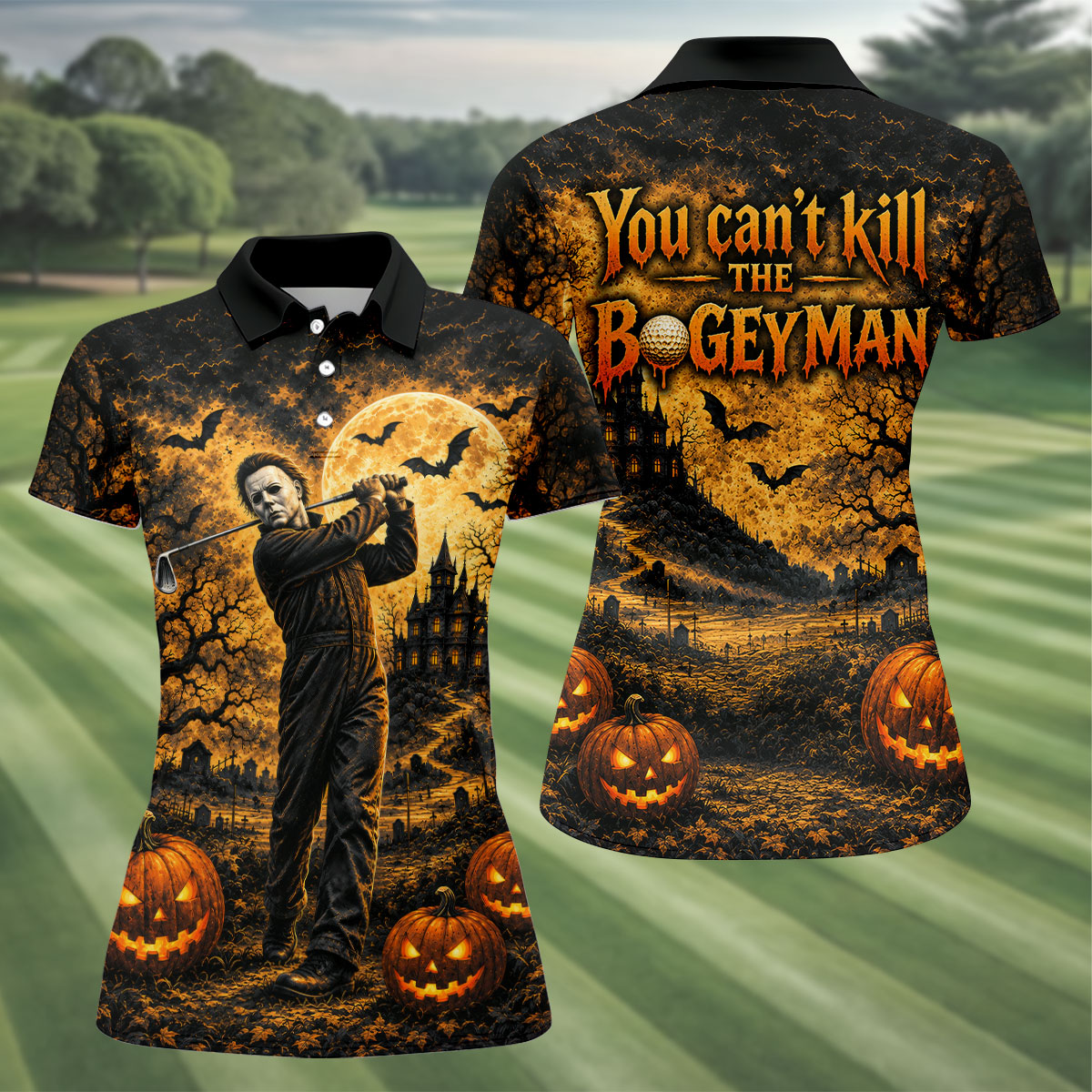 Bogeyman Horror Character Halloween Golf Polo Shirt, Ladies Golf Shirt, Womens Golf Tops