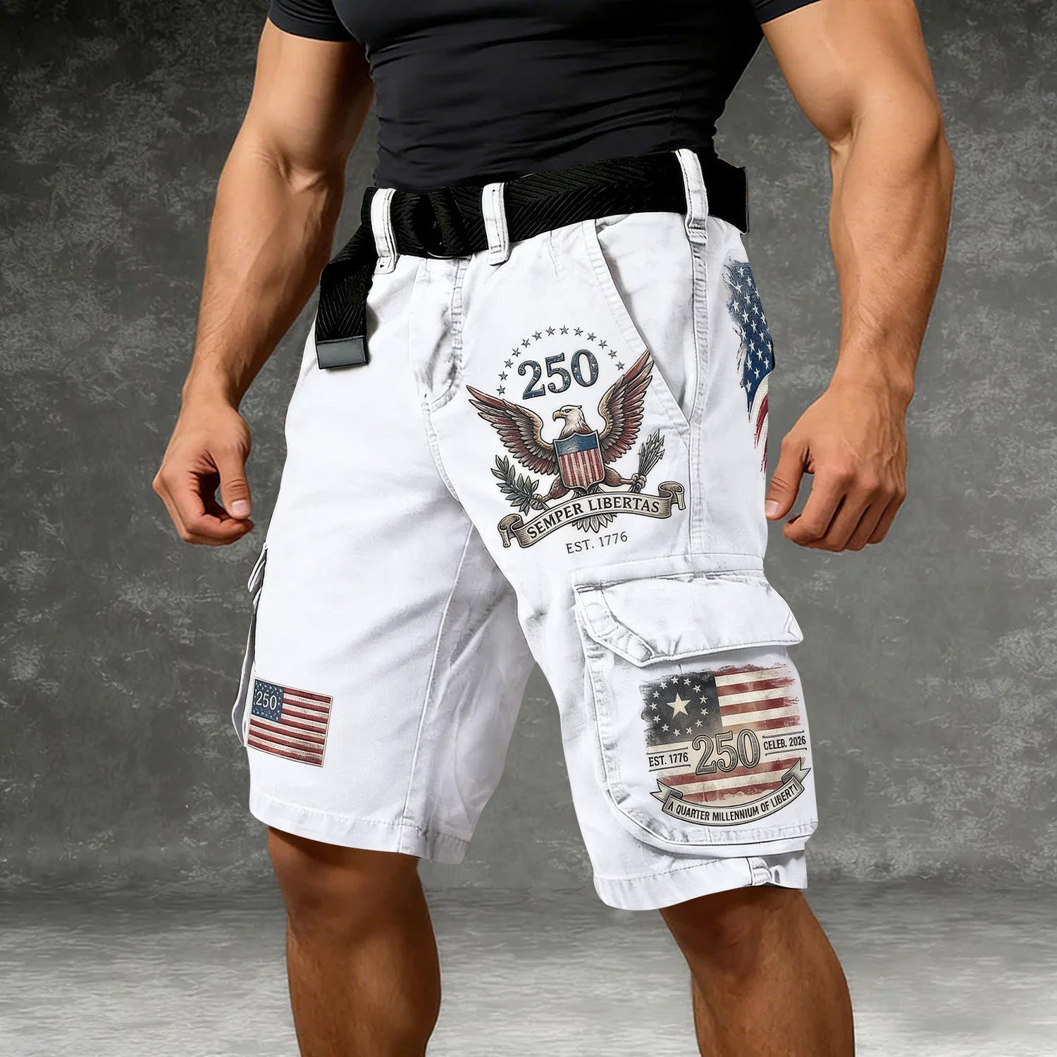 Bald Eagle USA Flag Pattern White Cargo Shorts, Golf Shorts For Men, 250th Anniversary Short Pants