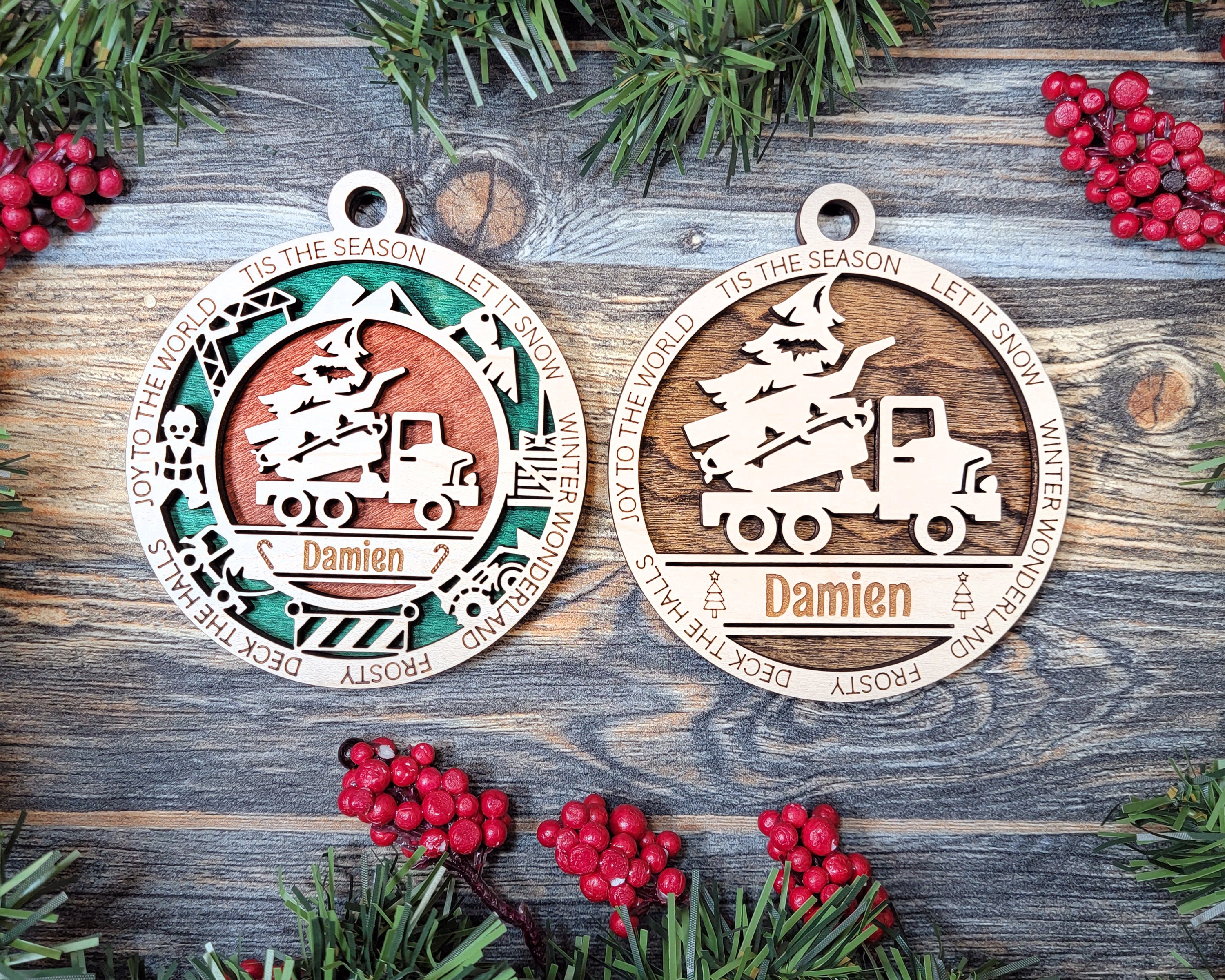 Dump Truck Tis The Season Personalized Wood Christmas Ornaments, Christmas Gifts
