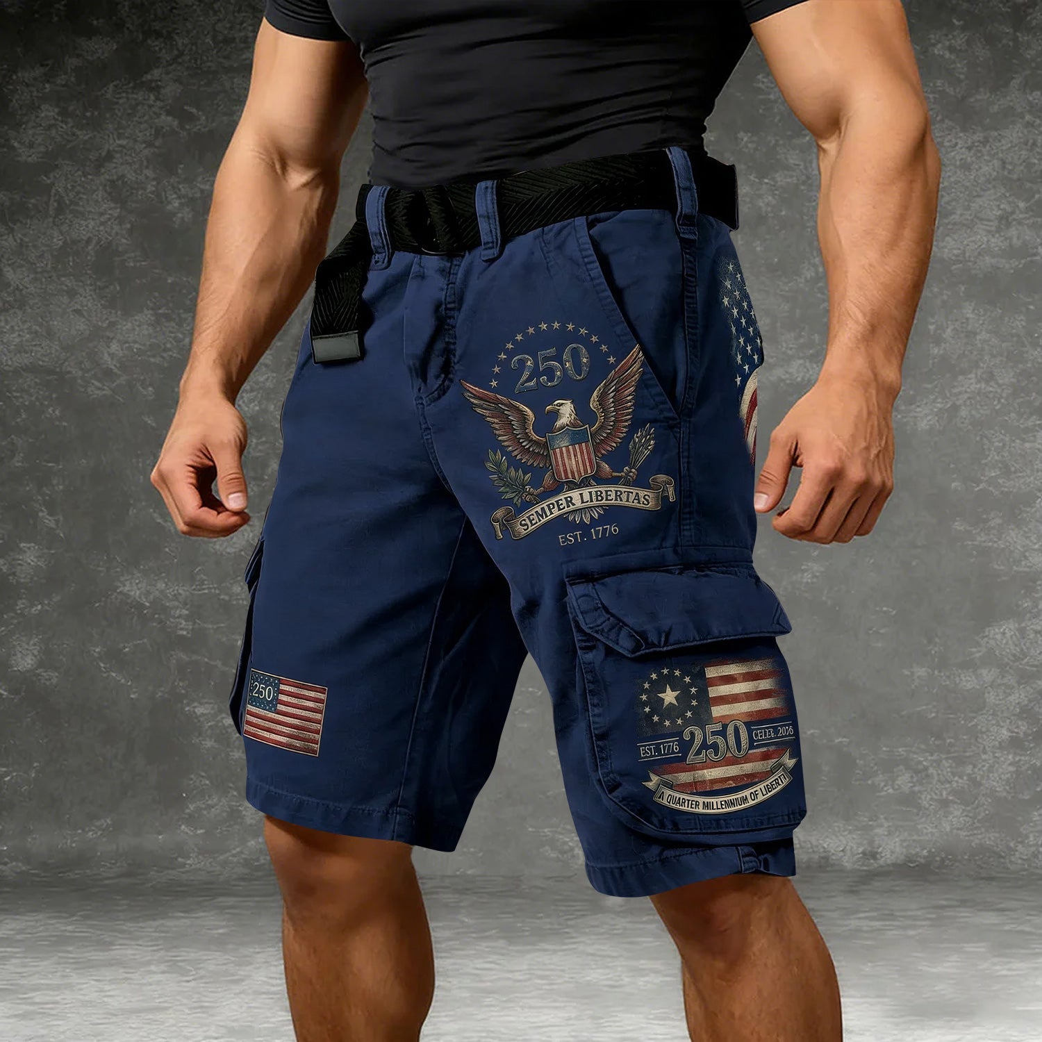Bald Eagle USA Flag Pattern Blue Cargo Shorts, Golf Shorts For Men, 250th Anniversary Short Pants