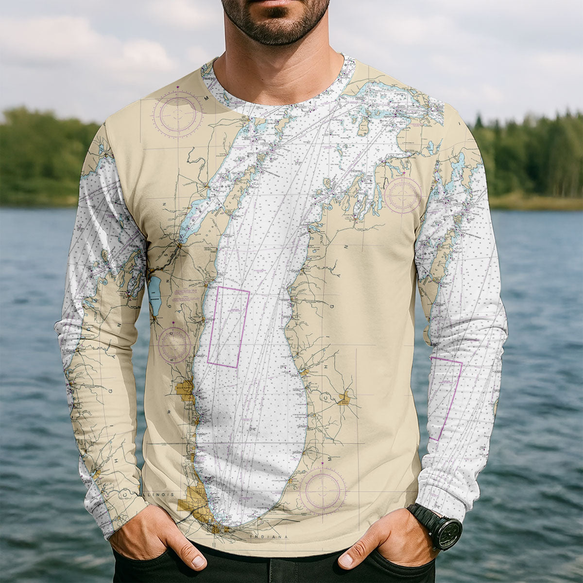 Lake Michigan Nautical Map Fishing UPF Shirt, Fishing Sun Shirt, Mens Fishing Shirt