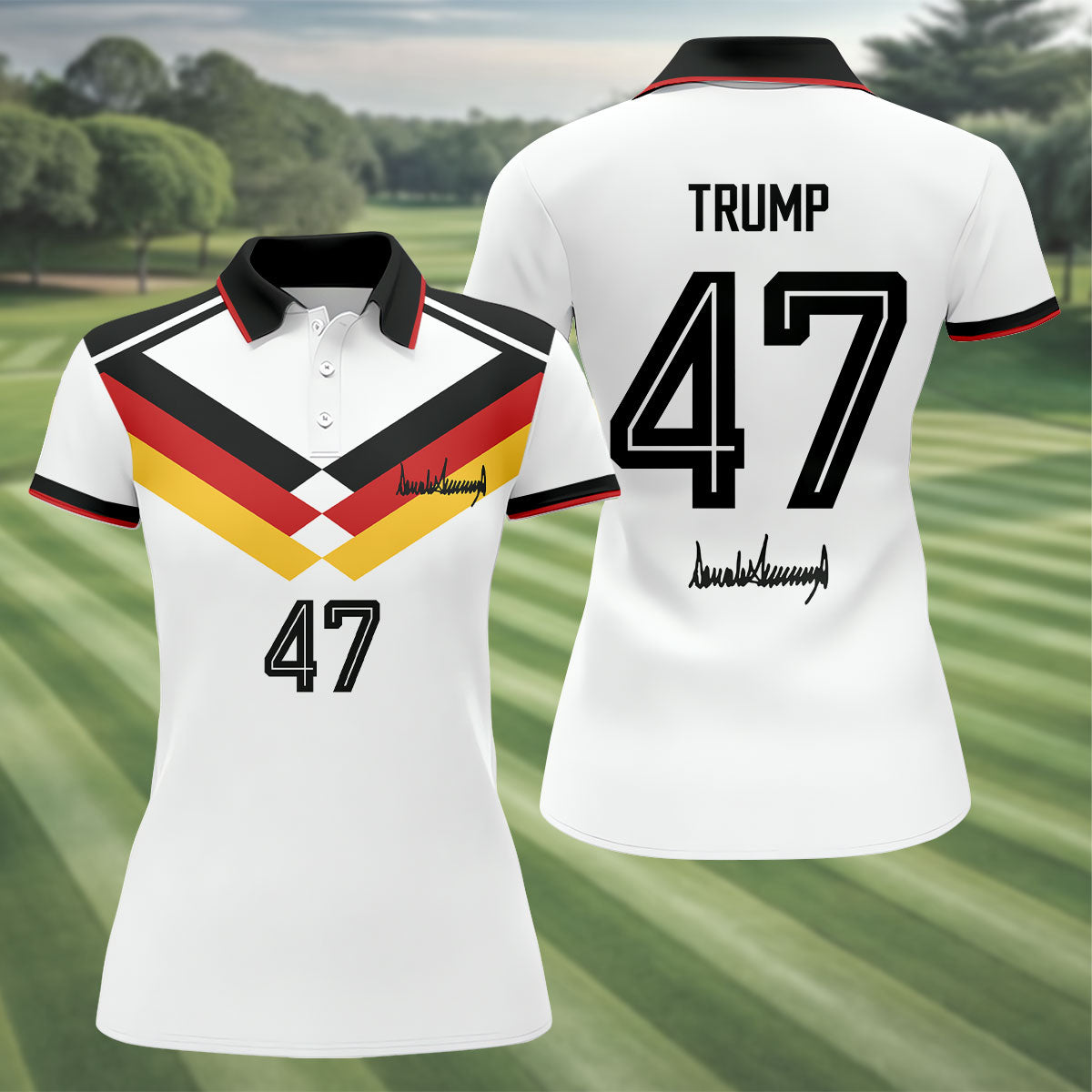 Trump 47 Women's Polo Shirt, German Flag Chevron Design, Gameday Soccer Shirt