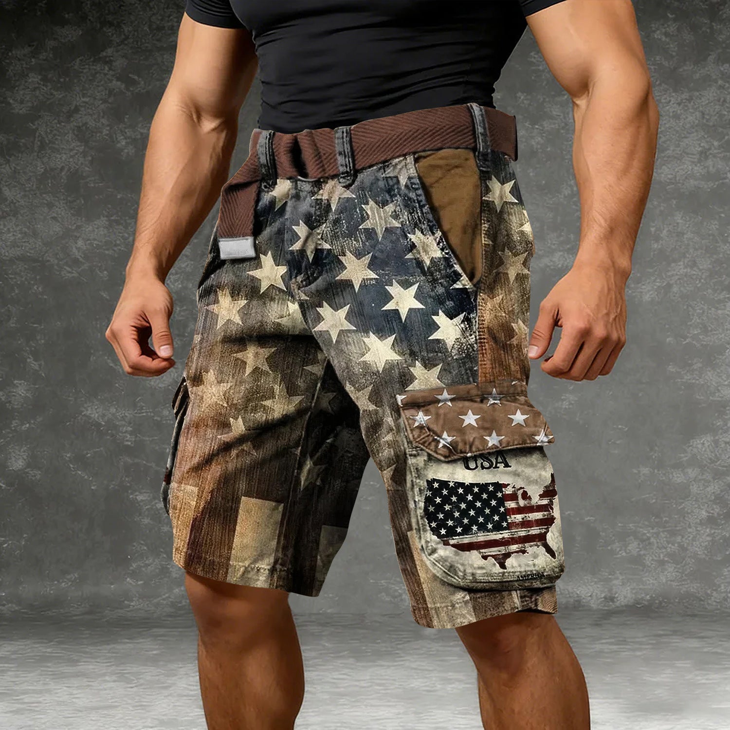 USA Flag Pattern Distressed Cargo Shorts, Golf Shorts For Men, 250th Anniversary Short Pants