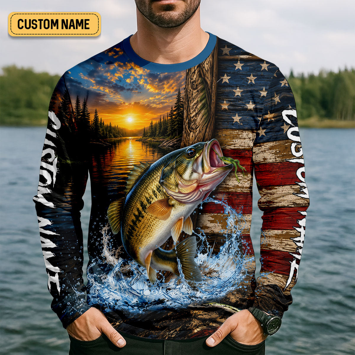 American Flag Sunset Bass Custom UPF Shirt, Fishing Sun Shirt, Mens Fishing Apparel