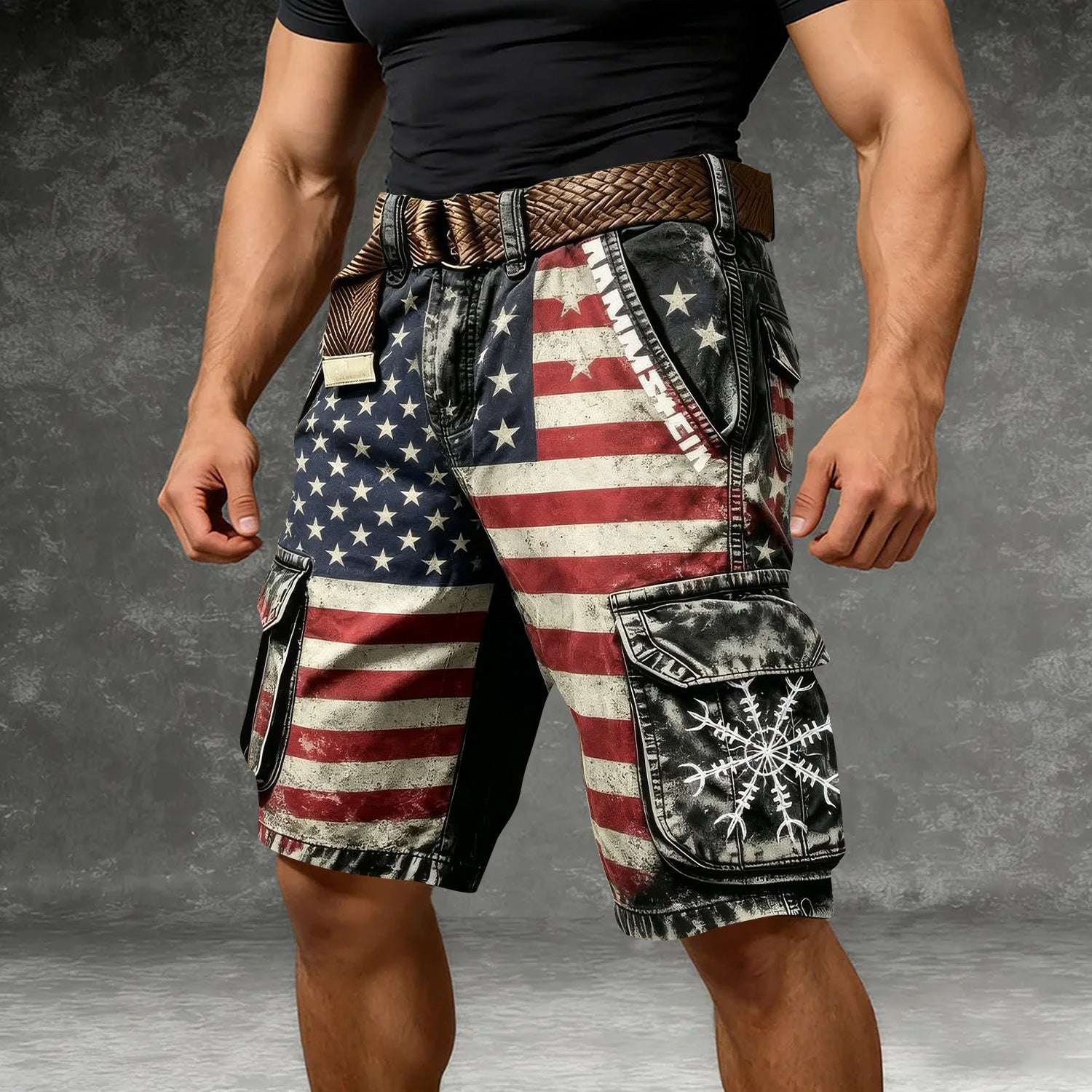 Vegvisir Compass USA Flag Pattern Distressed Cargo Shorts, Golf Shorts For Men, 250th Anniversary Short Pants