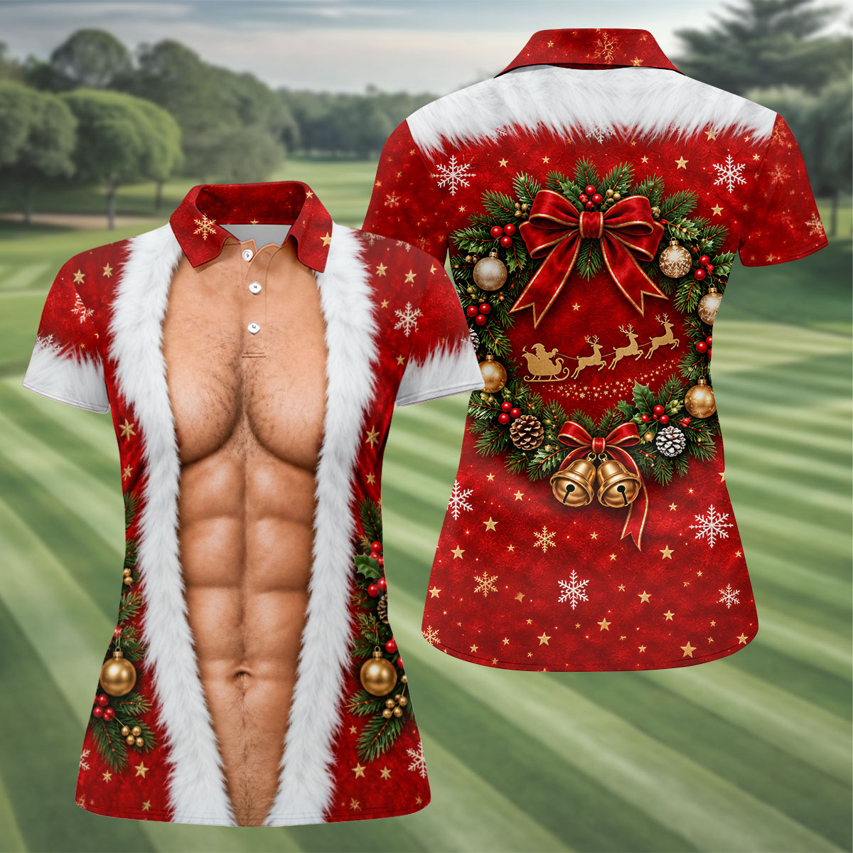 Santa Muscle Body Christmas Golf Shirt, Womens Golf Tops, Ladies Golf Shirts