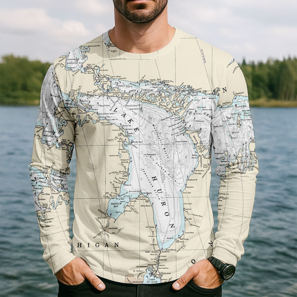 Vintage Lake Huron Map UPF Shirt, Long Sleeve Fishing Shirt For Men, Fishing Sun Shirt