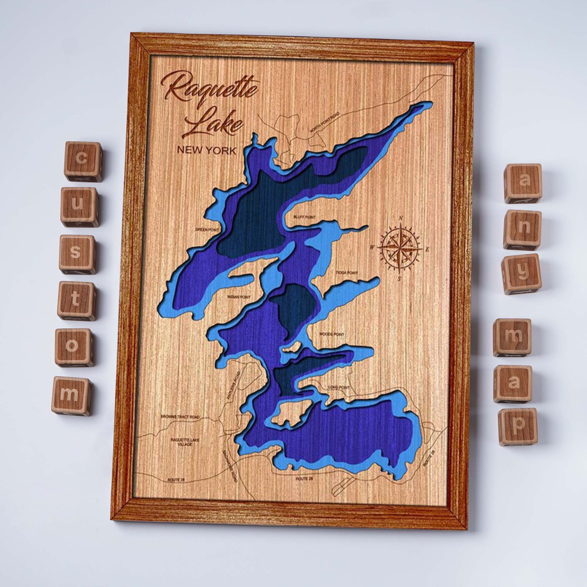 Custom Raquette Lake New York Topographical Map, 3D Lake Map, Lake House Decor