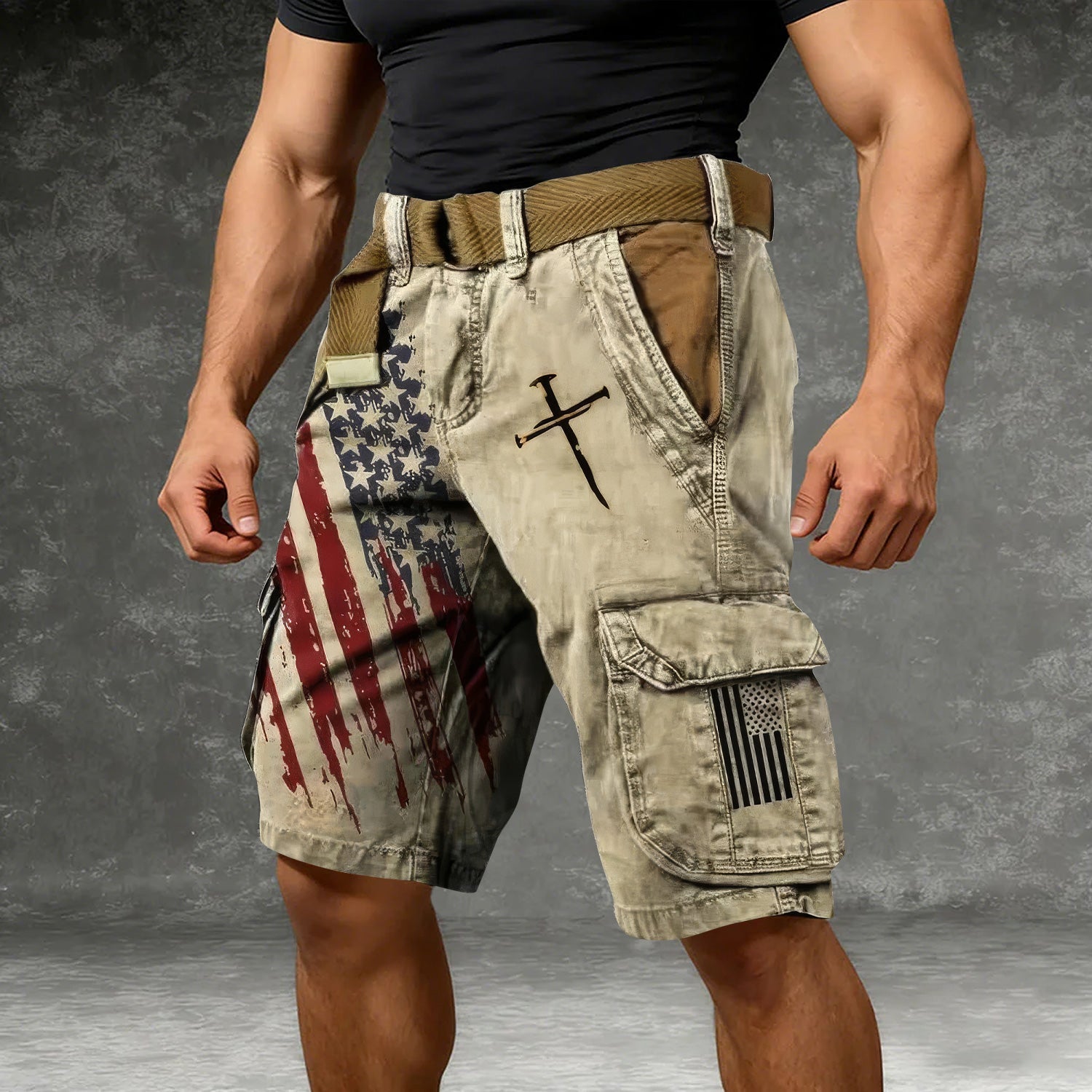 USA Flag Pattern Faith Cross Beige Cargo Shorts, Golf Shorts For Men, 250th Anniversary Short Pants