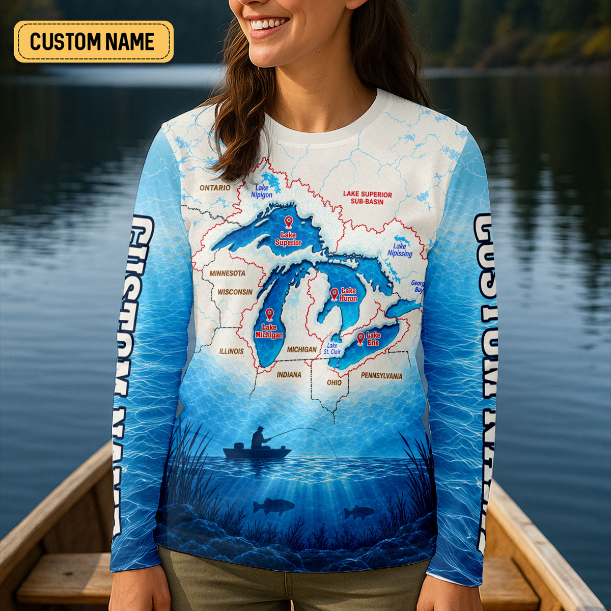 Personalized Great Lakes Fishing Map UPF Shirt, Womens Fishing Shirt, Fishing Apparel Shirt