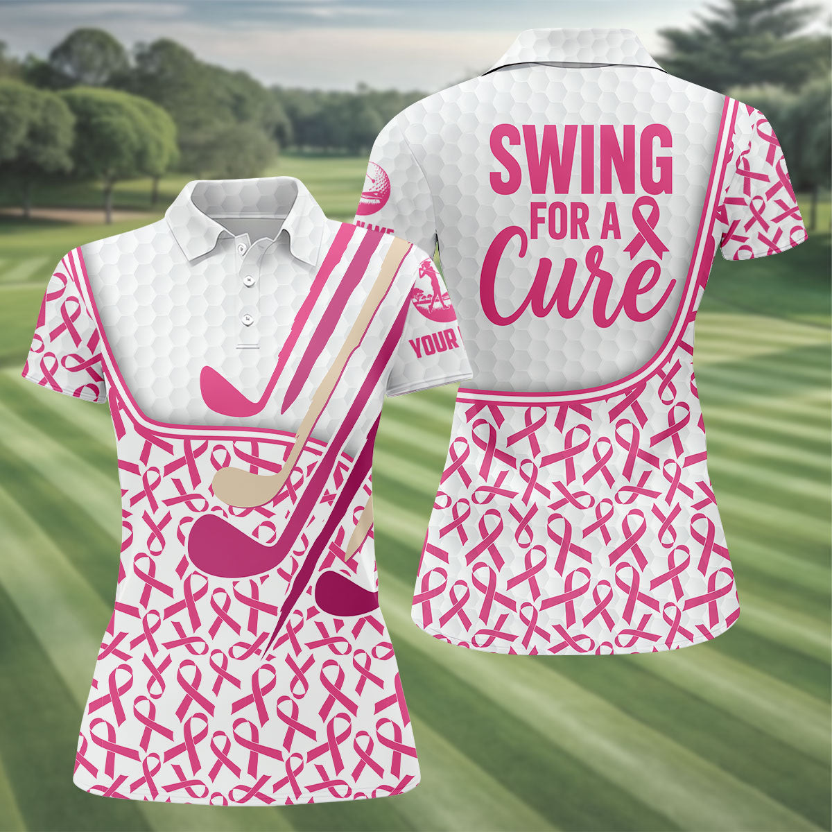 Swing For A Cure Pink Ribbon Breast Cancer Polo Shirt, Women’s Golf Polo, Ladies Golf Top