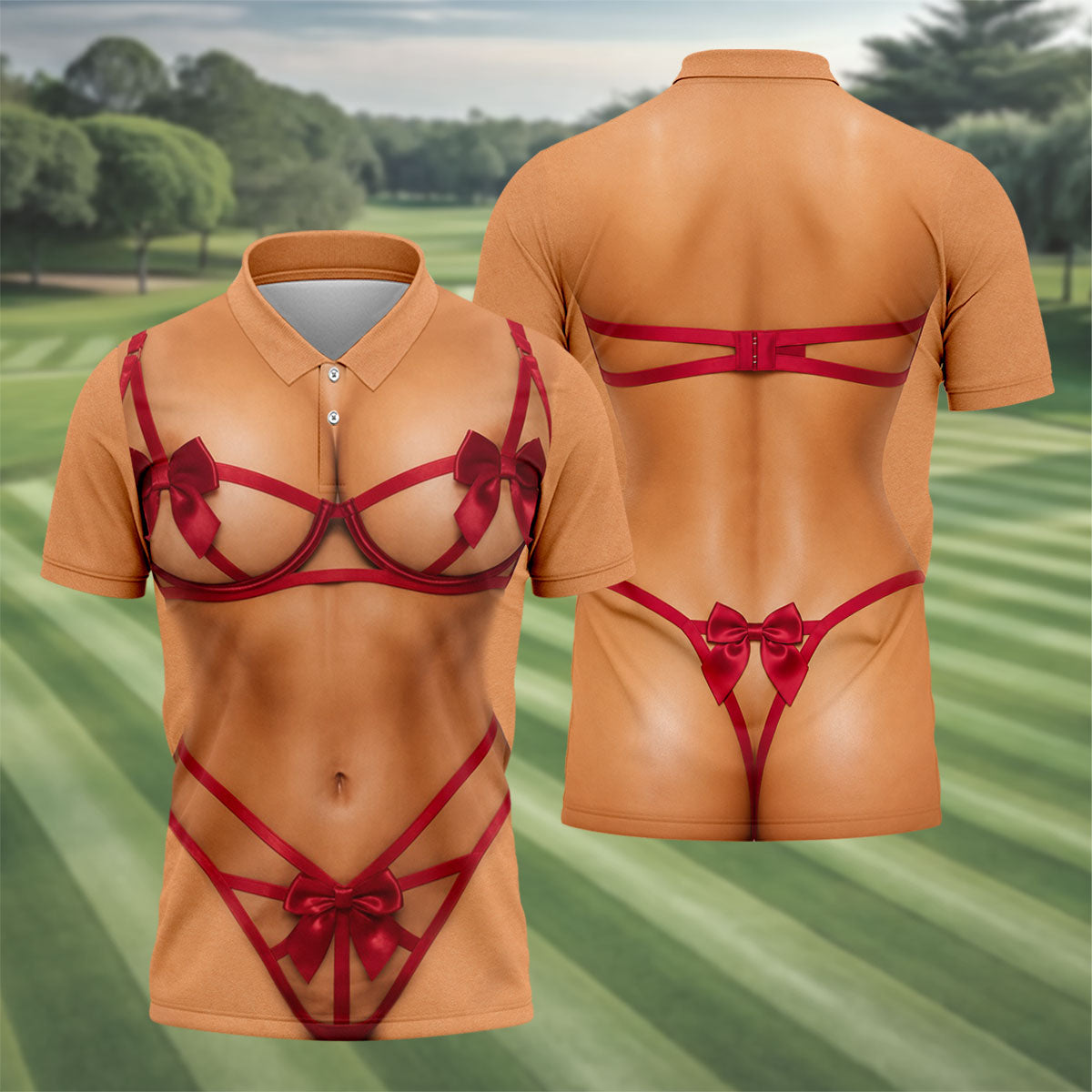 Funny Red Ribbon Lingerie Costume Christmas Golf Shirt, Men's Golf Shirt, Golf Apparel For Men