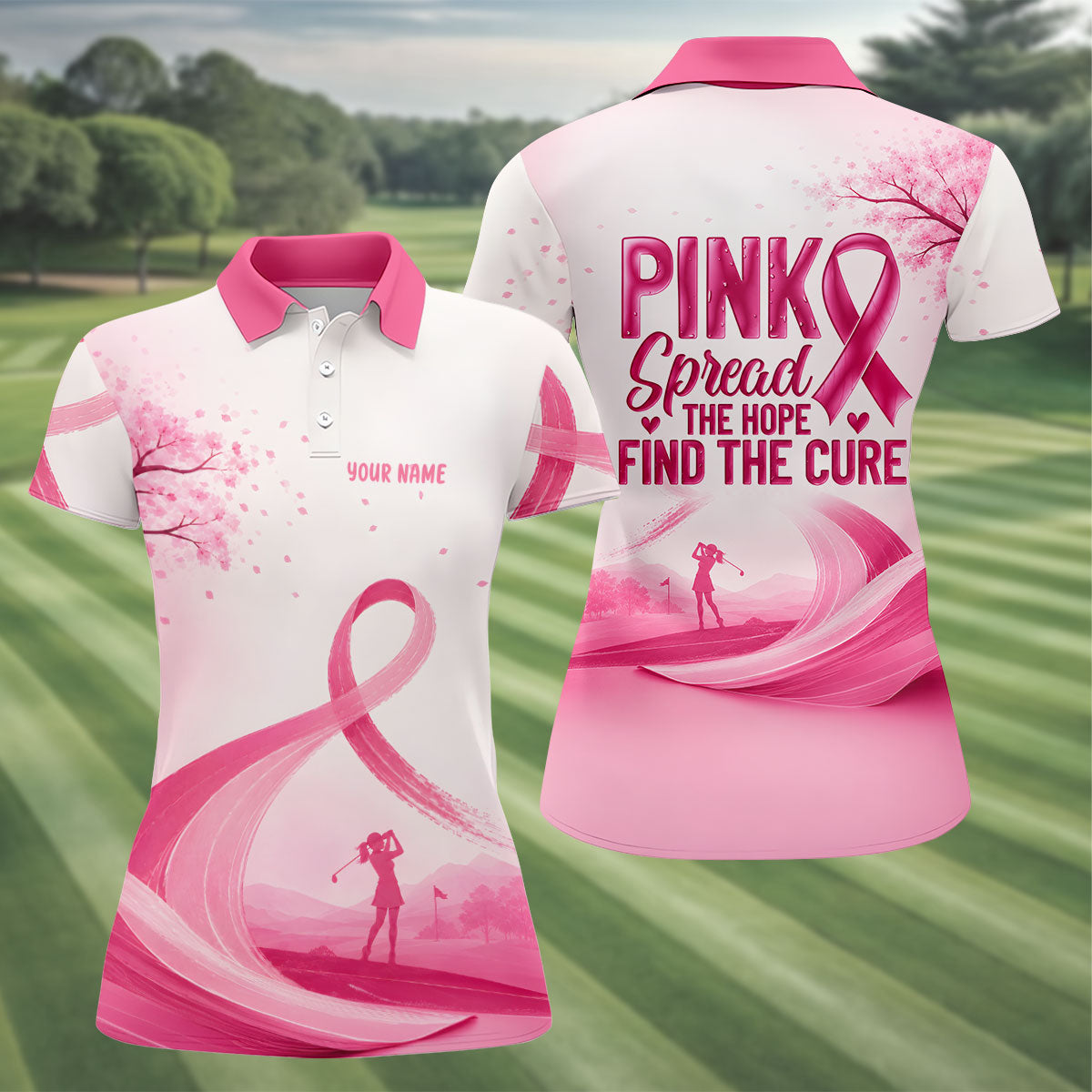 Custom Pink Spread Hope Find Cure Breast Cancer Golf Polo Shirt, Ladies Golf Tops, Women’s Golf Polo