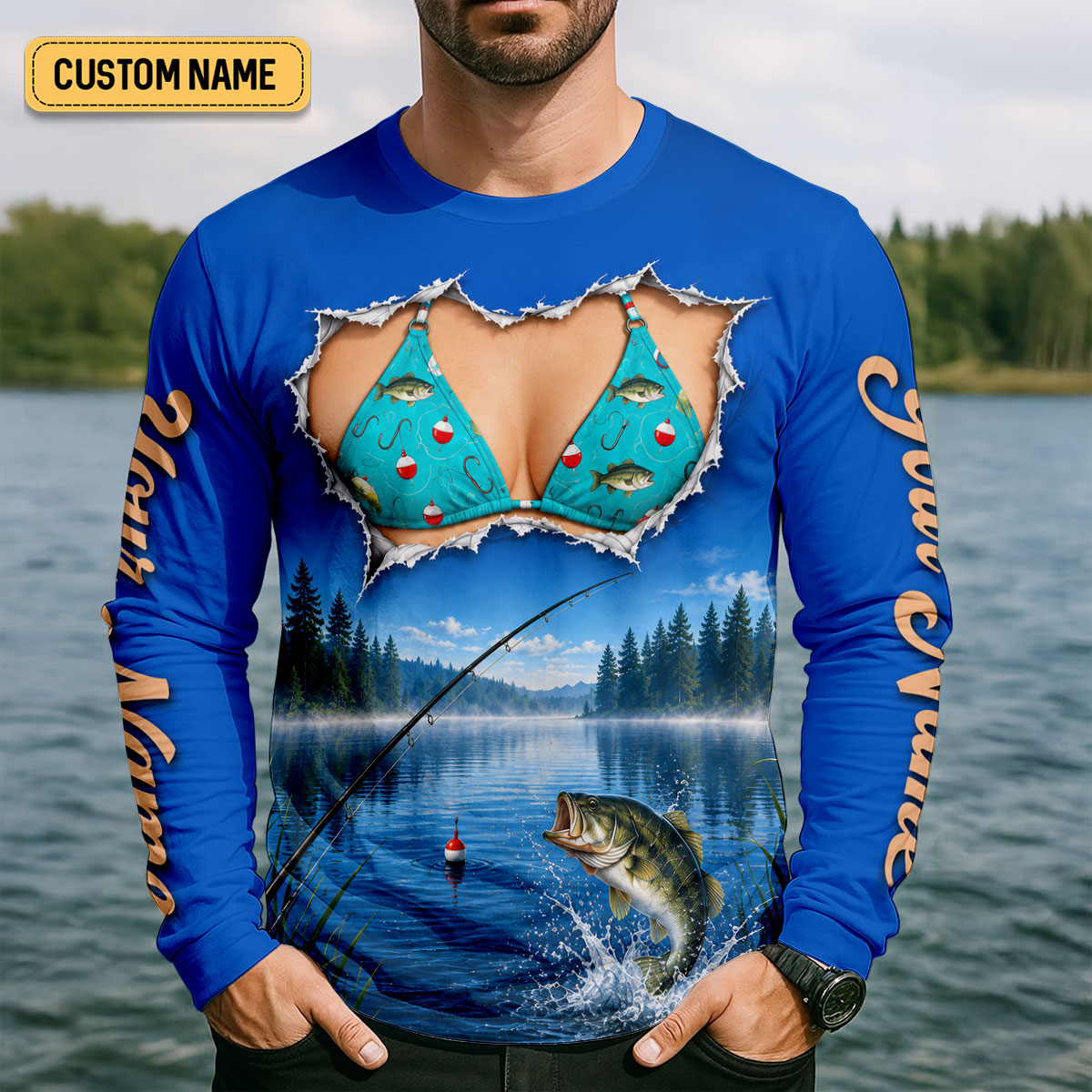 Custom Funny Bikini Bass Fishing UPF Shirt, Mens Fishing Shirts, Bass Fishing Shirt