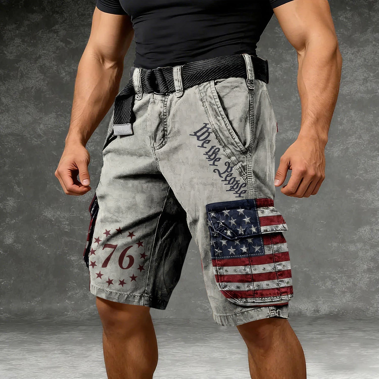 We The People USA Flag Pattern Grey Cargo Shorts, Golf Shorts For Men, 250th Anniversary Short Pants