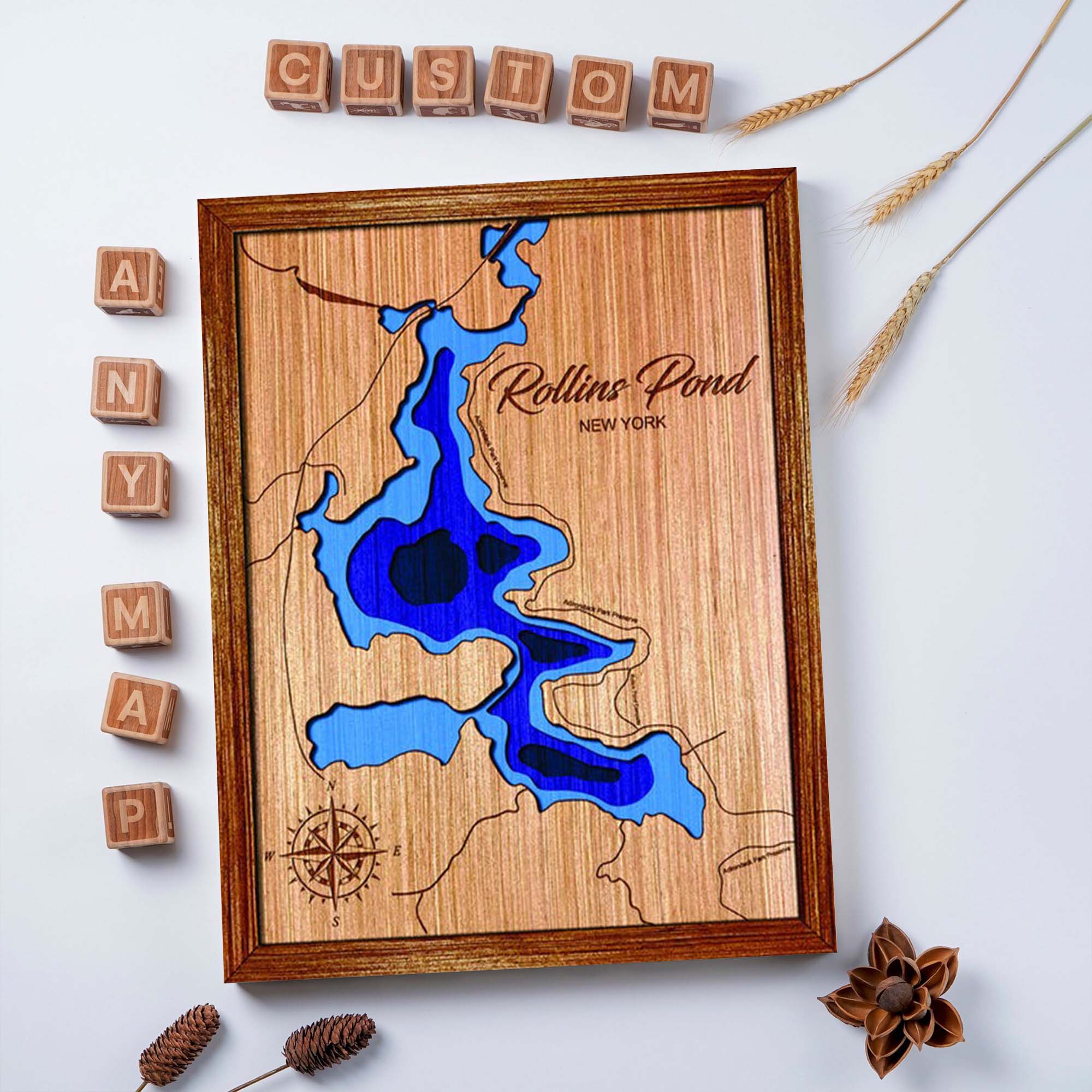 Custom Rollins Pond New York Topographical Map, 3D Lake Map, Lake House Decor