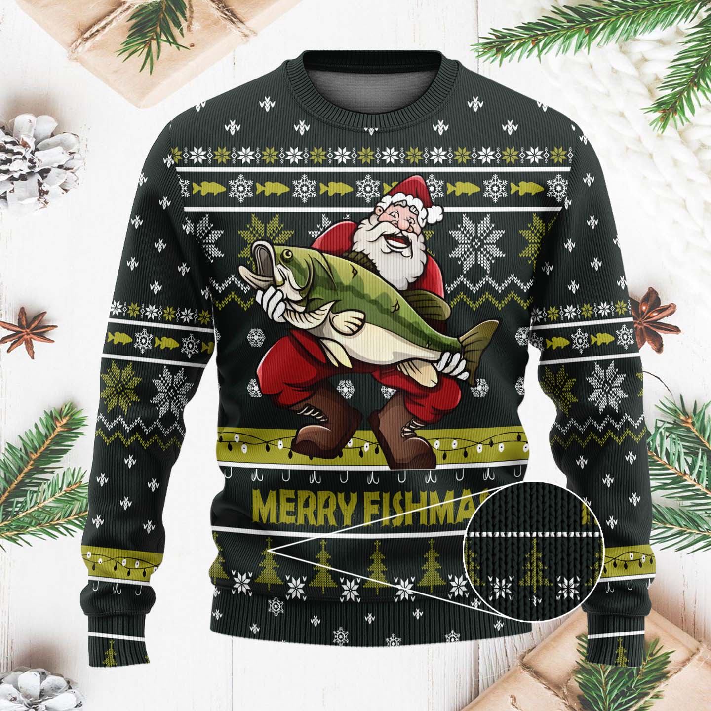 Merry Fishmas Funny Christmas Ugly Sweater, Santa Fishing, Gift For Fishing Lover