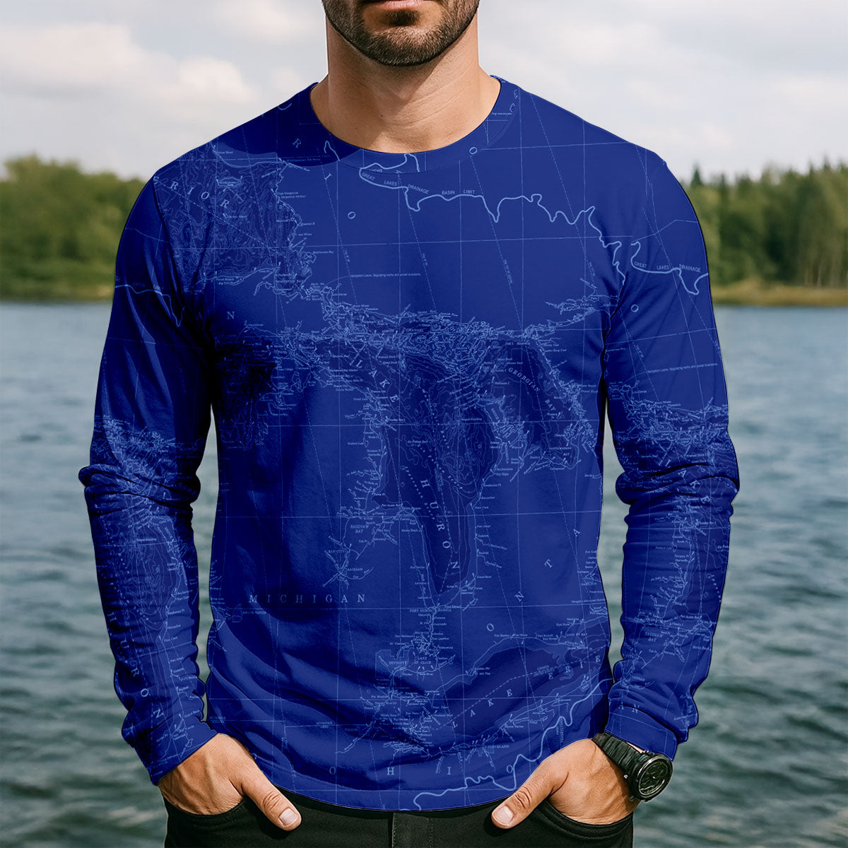 Lake Huron Blue Map Fishing UPF Shirt, Performance Fishing Shirt, Mens Fishing Apparel