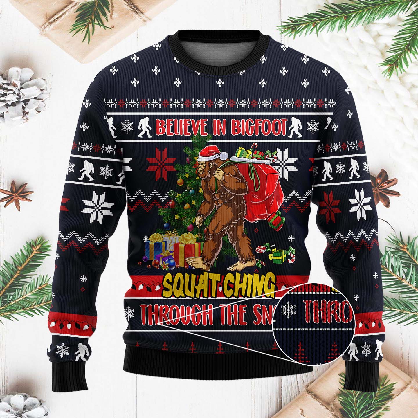 Believe In Bigfoot Squatching Through The Snow Funny Christmas Ugly Sweater, Christmas Gifts