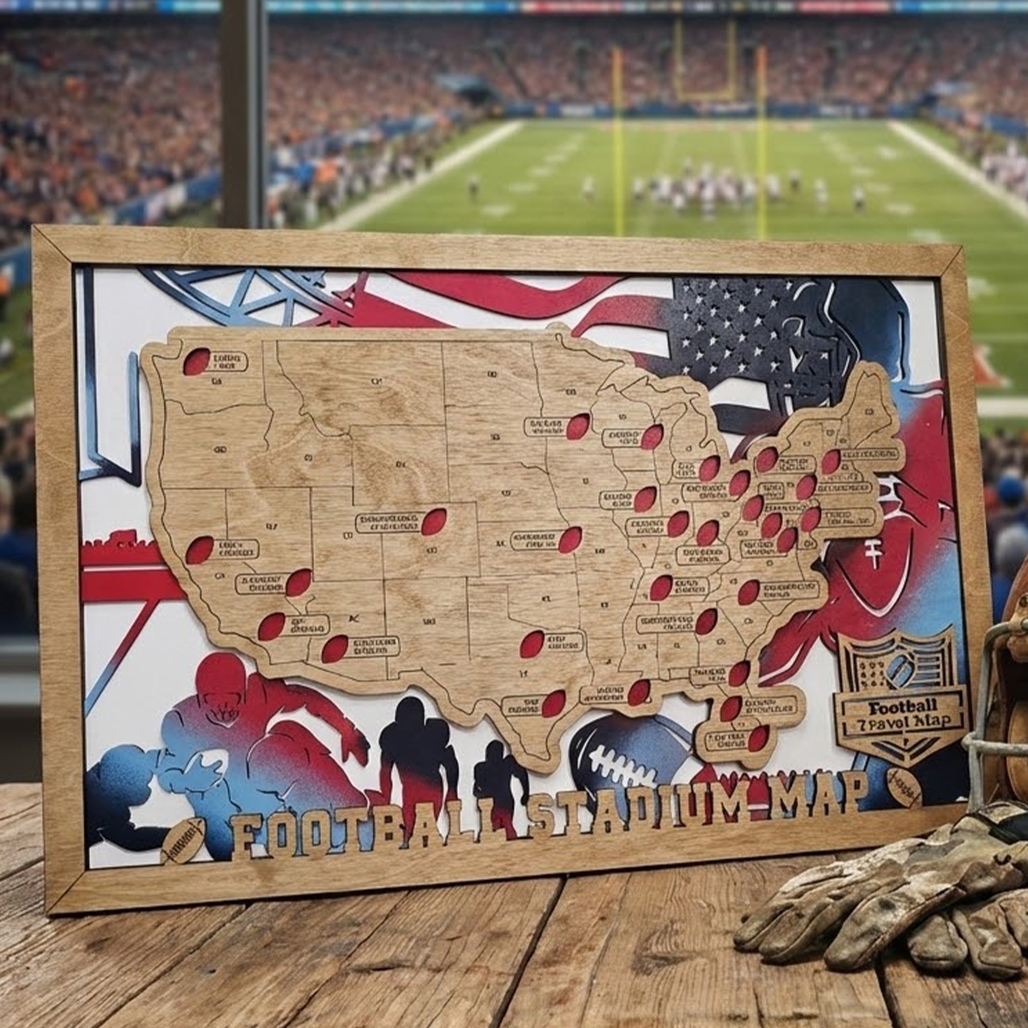 Personalized Football Stadium Travel Tracker Map, Red White Blue Wood Football Sign