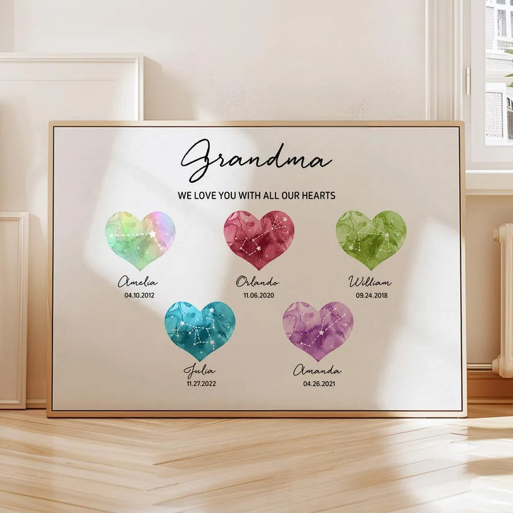 Birthstone Constellations Grandma Custom Canvas Wall Art, Mother's Day Gift