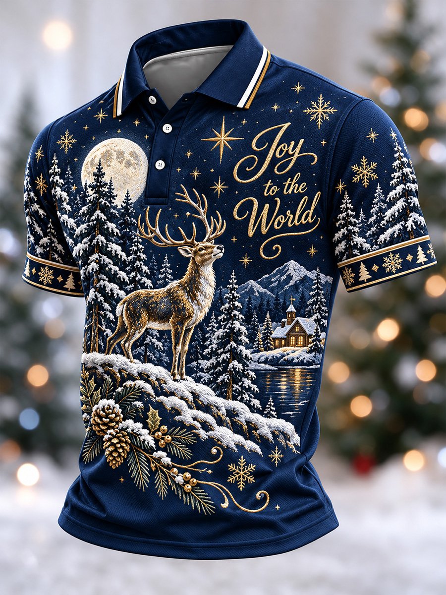 Joy To The World Reindeer Christmas Polo Shirt for Men