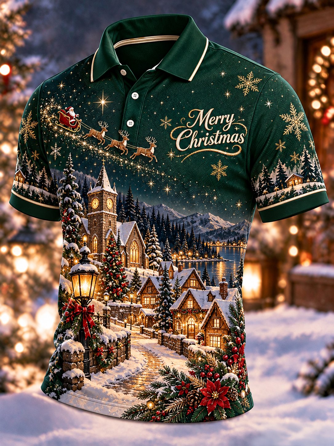 Merry Christmas Village Clock Tower Polo Shirt for Men