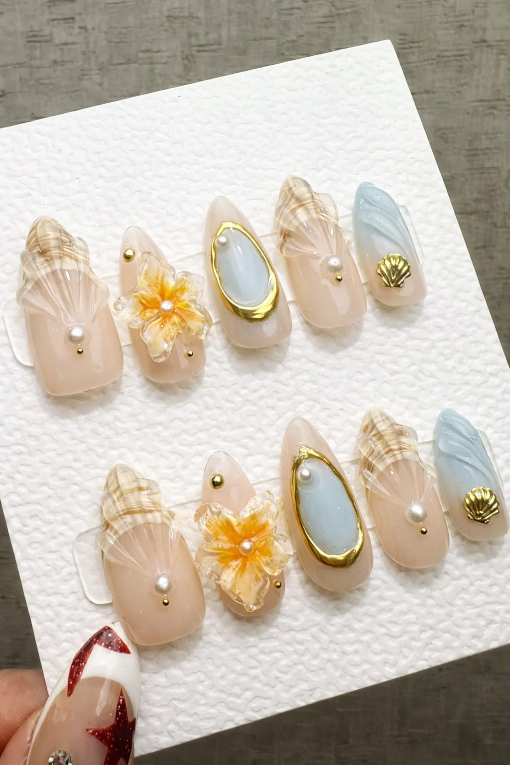 Reusable Coastal Chic, Handmade Press On Gel, Pearl Seashell Summer Press On Nails
