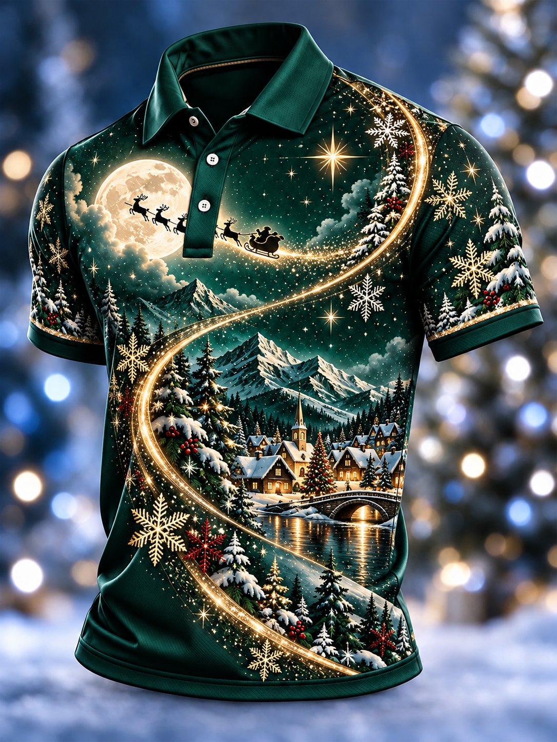 Green Starry Night Santa Sleigh Christmas Polo Shirt for Men