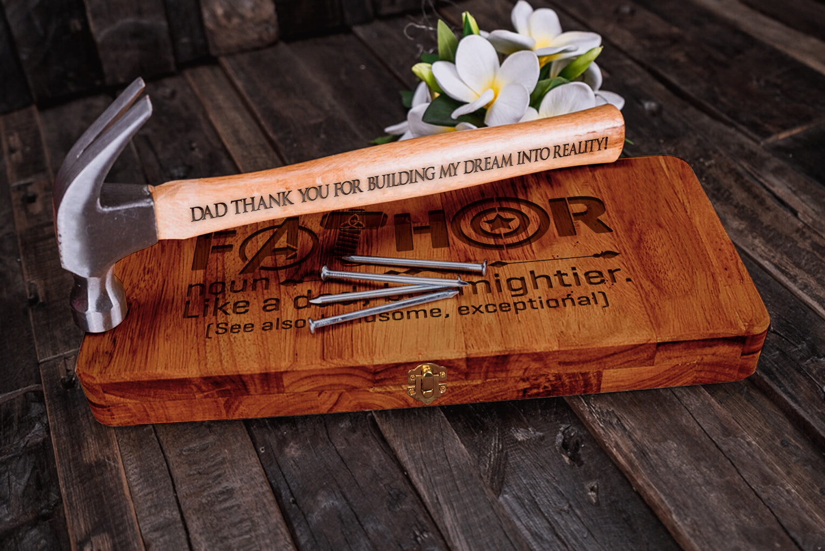 Fathor Like A Dad But Mightier Personalised Engraved Hammer Gift Set with Wooden Box and Nails, Framing Hammer, Gifts For Dad