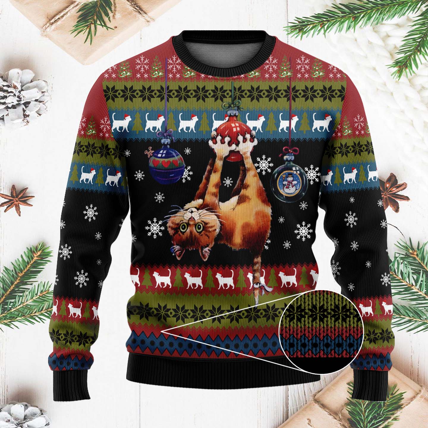 Cat Hanging On Christmas Tree Funny Christmas Ugly Sweater, Gift For Cat Lovers